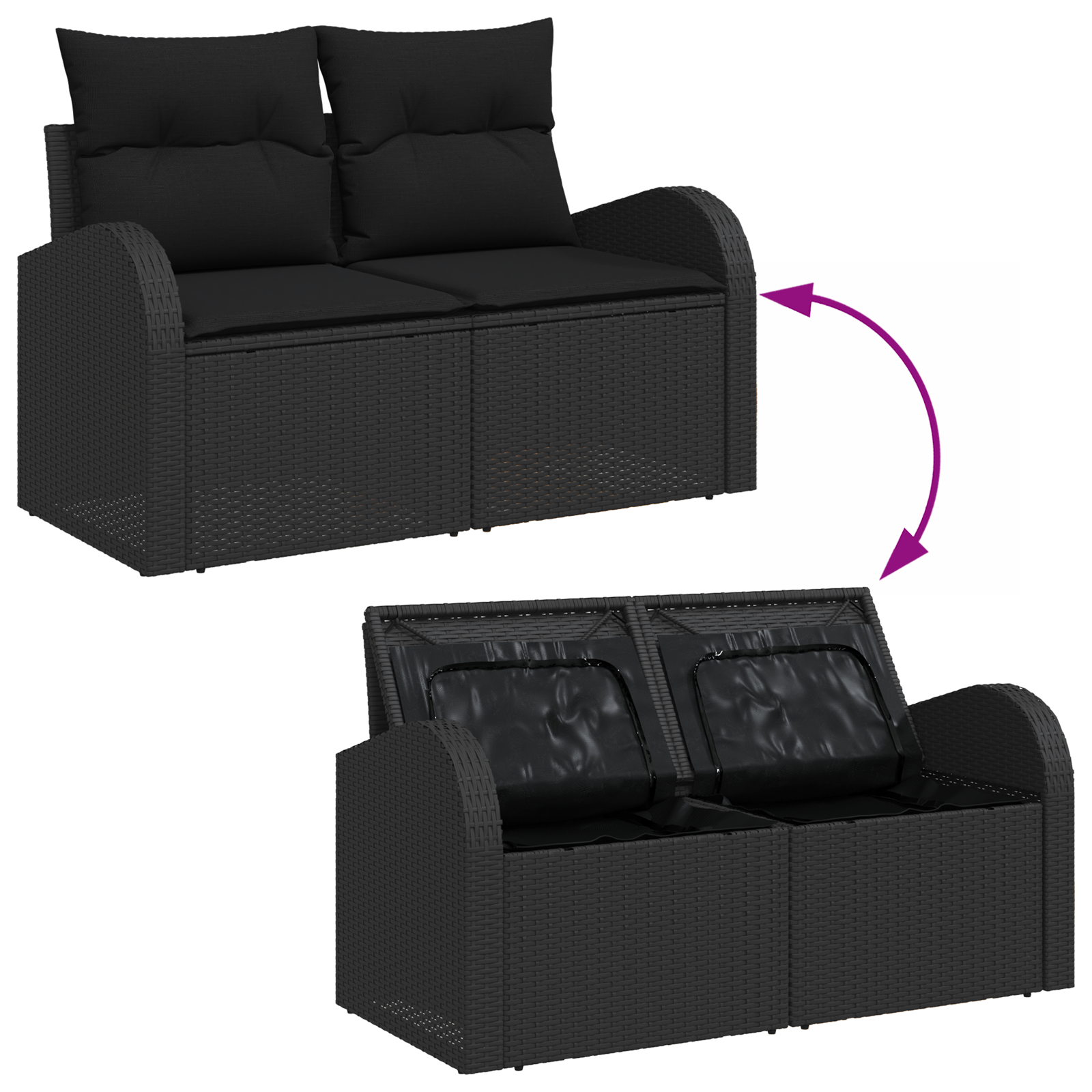 2-Seater Garden Sofa with Storage & Cushions Black Poly Rattan - Image 9