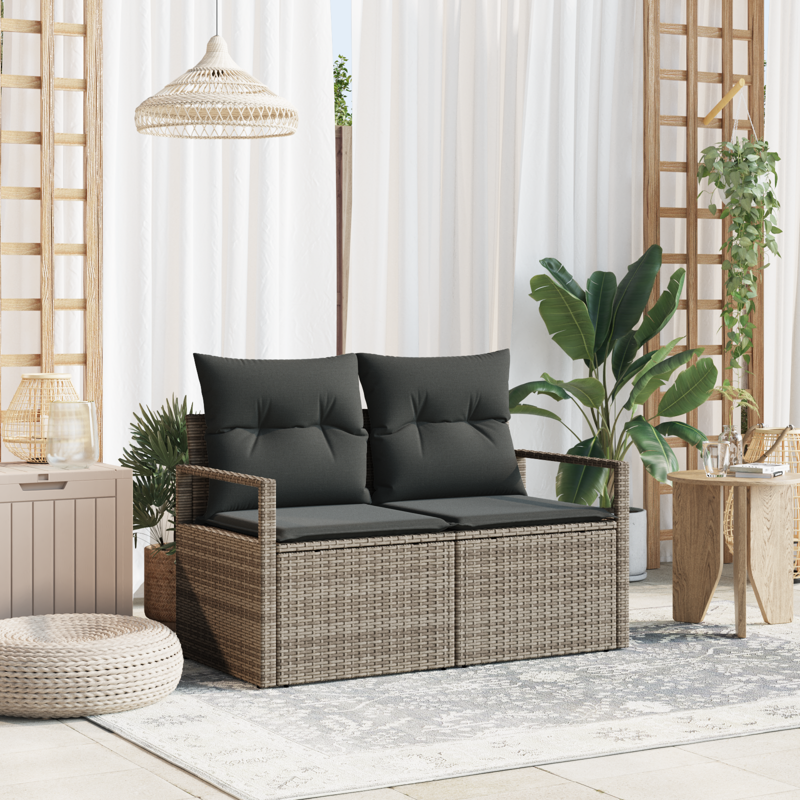 2-Seater Garden Sofa with Cushions Grey Poly Rattan
