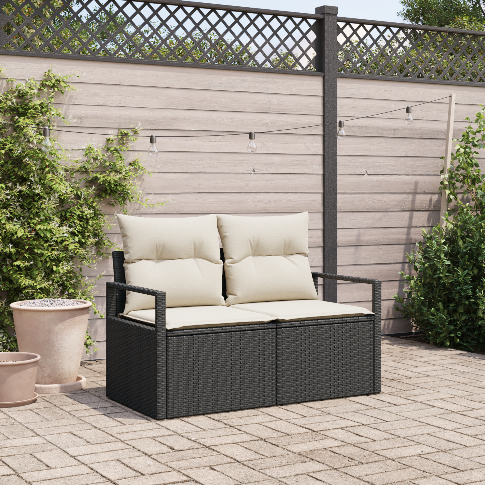 2-Seater Garden Sofa with Storage&Cushions Black Poly Rattan