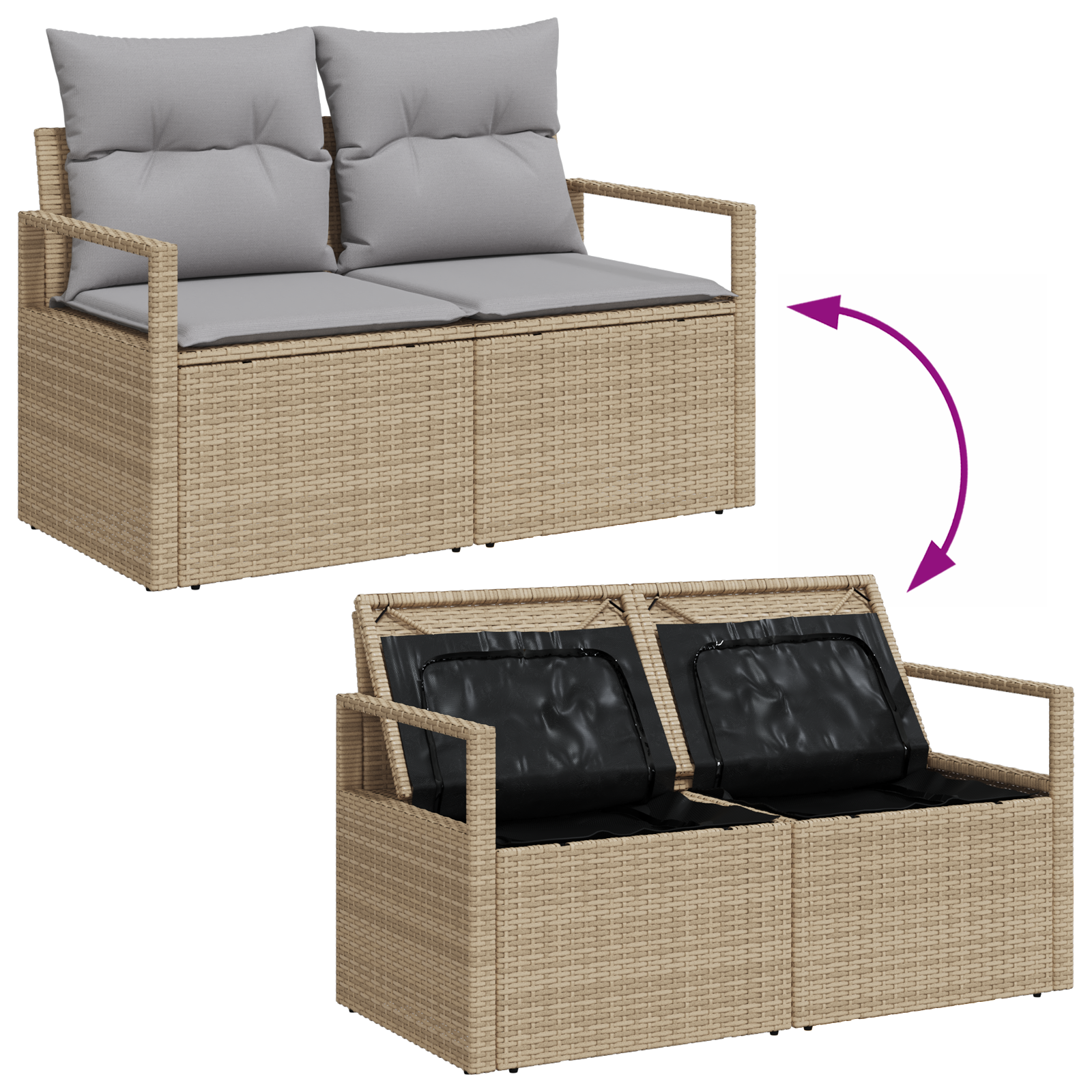2-Seater Garden Sofa with Storage&Cushions Beige Poly Rattan - Image 7