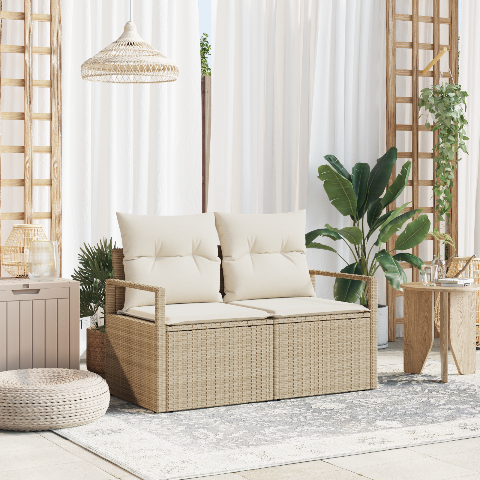 2-Seater Garden Sofa with Storage&Cushions Beige Poly Rattan