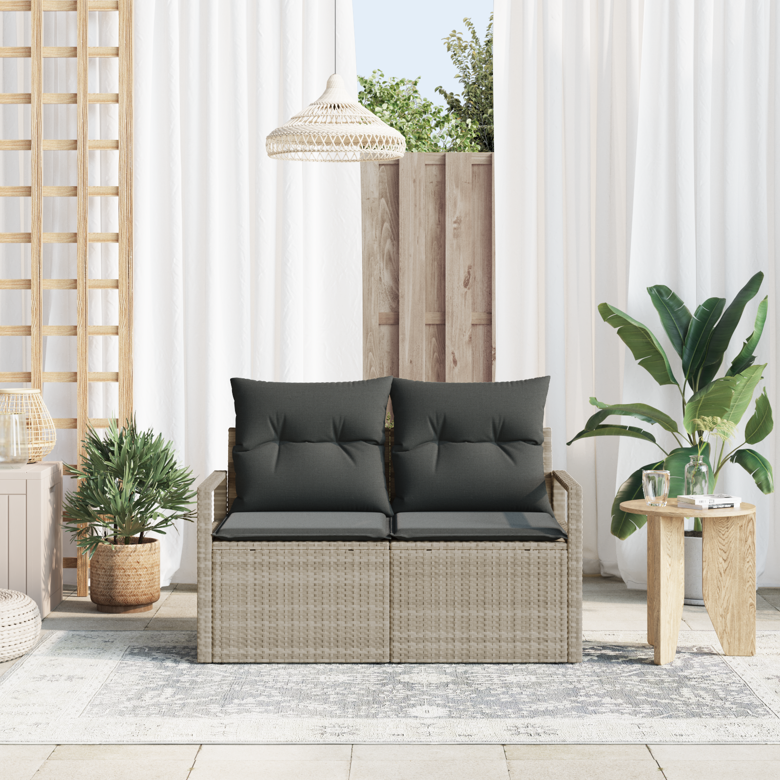 2-Seater Garden Sofa with Storage&Cushions Grey Poly Rattan - Image 3