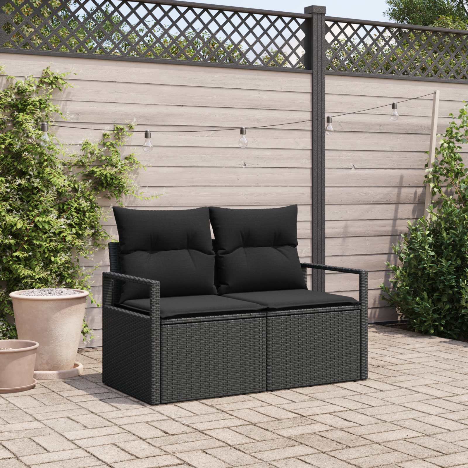 2-Seater Garden Sofa with Storage&Cushions Black Poly Rattan