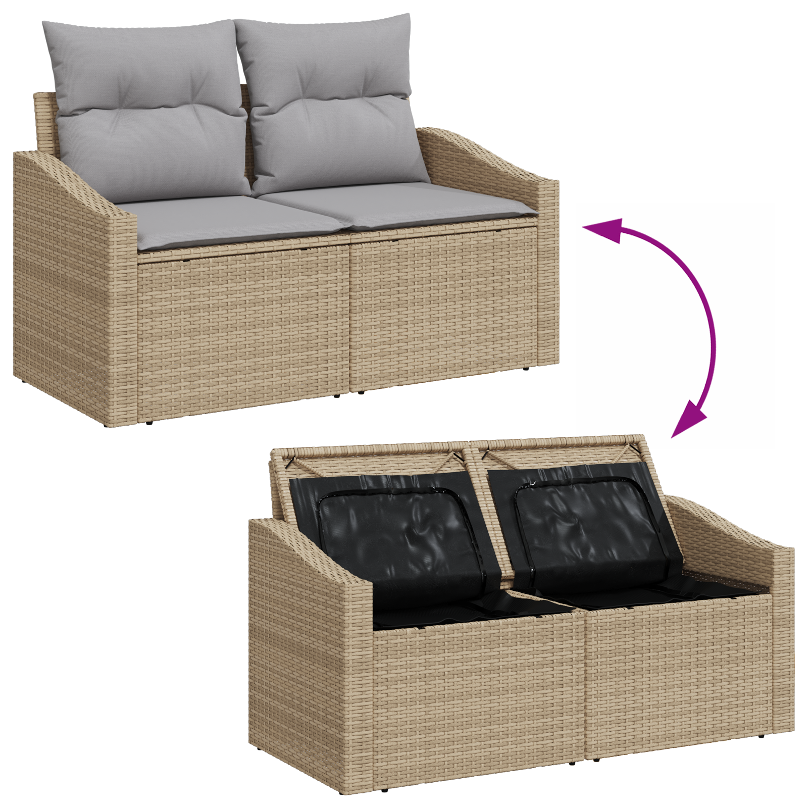 2-Seater Garden Sofa with Storage&Cushions Beige Poly Rattan - Image 8