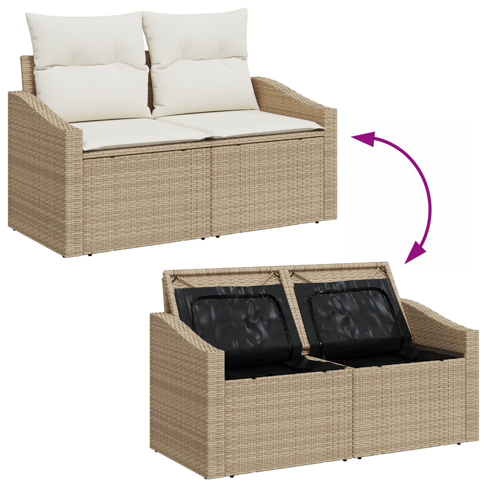 2-Seater Garden Sofa with Storage&Cushions Beige Poly Rattan - Image 9