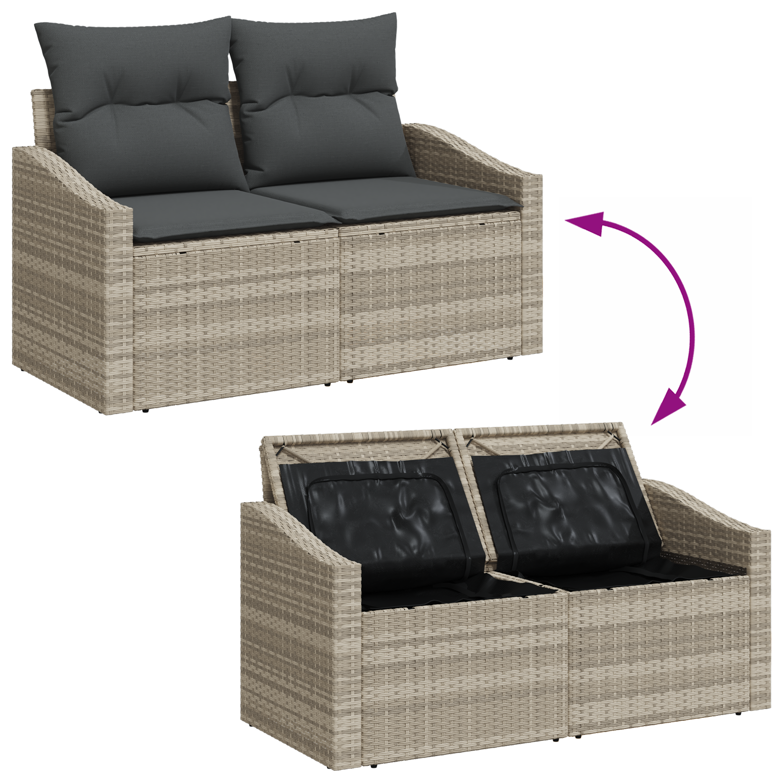 2-Seater Garden Sofa with Storage&Cushions Grey Poly Rattan - Image 8
