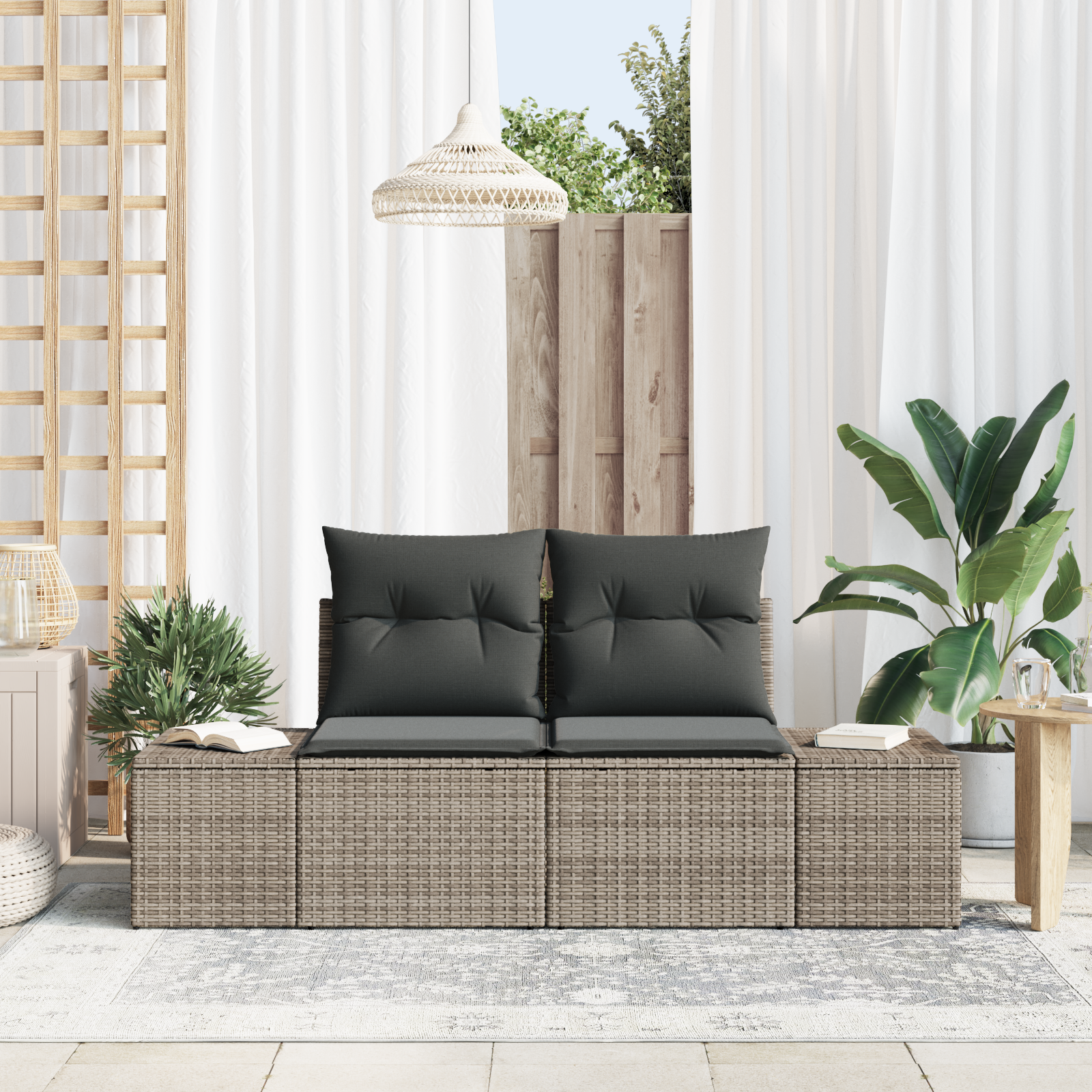 2-Seater Garden Sofa with Cushions Grey Poly Rattan