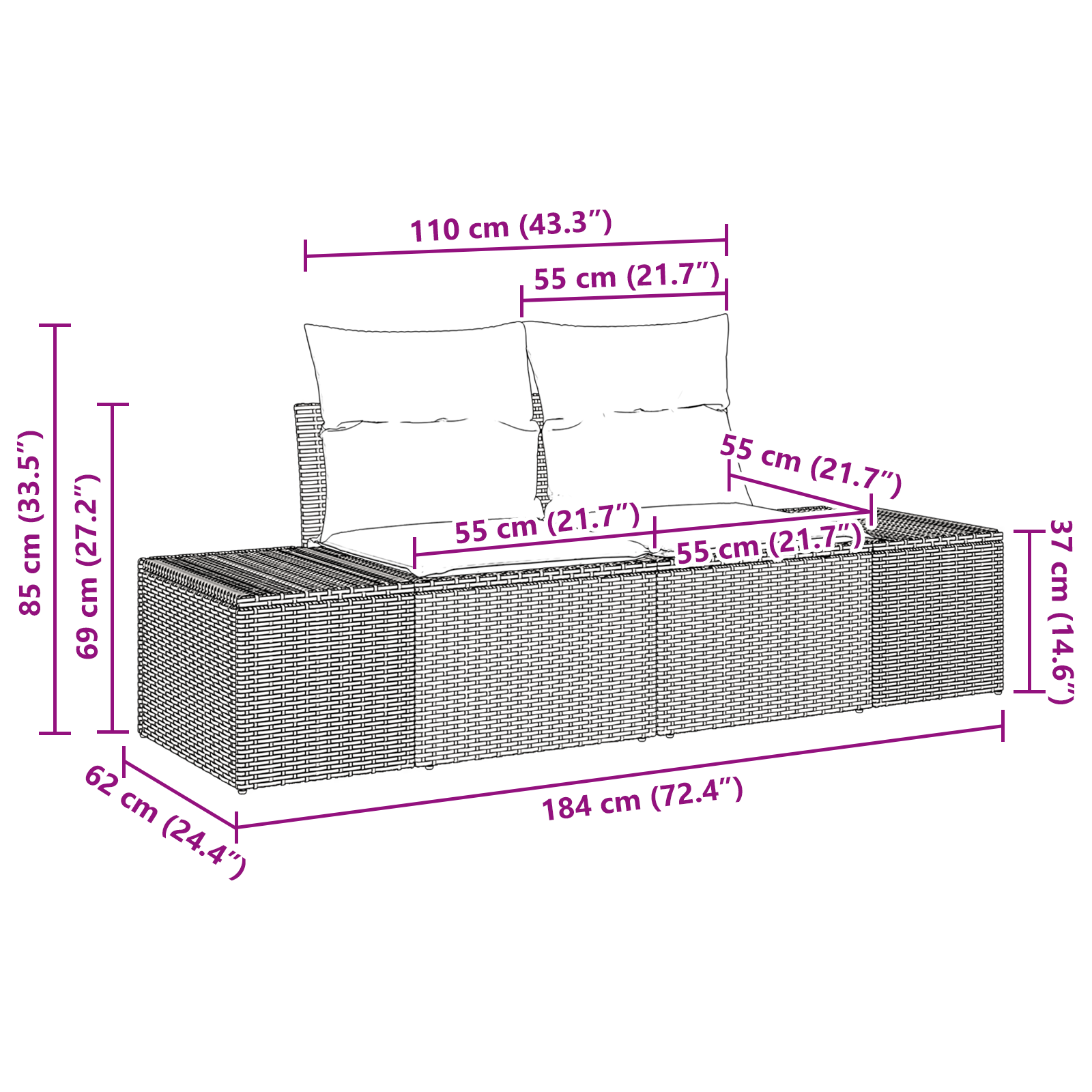 2-Seater Garden Sofa with Cushions Grey Poly Rattan - Image 6