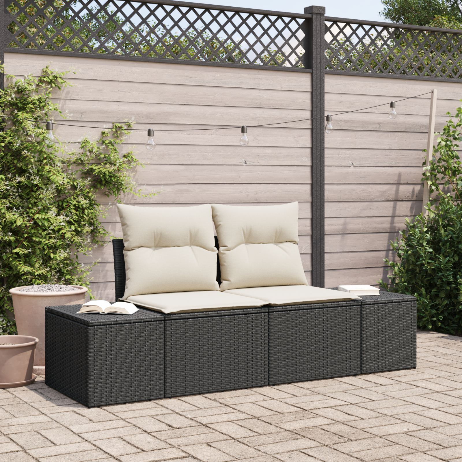 2-Seater Garden Sofa with Storage & Cushions Black Poly Rattan