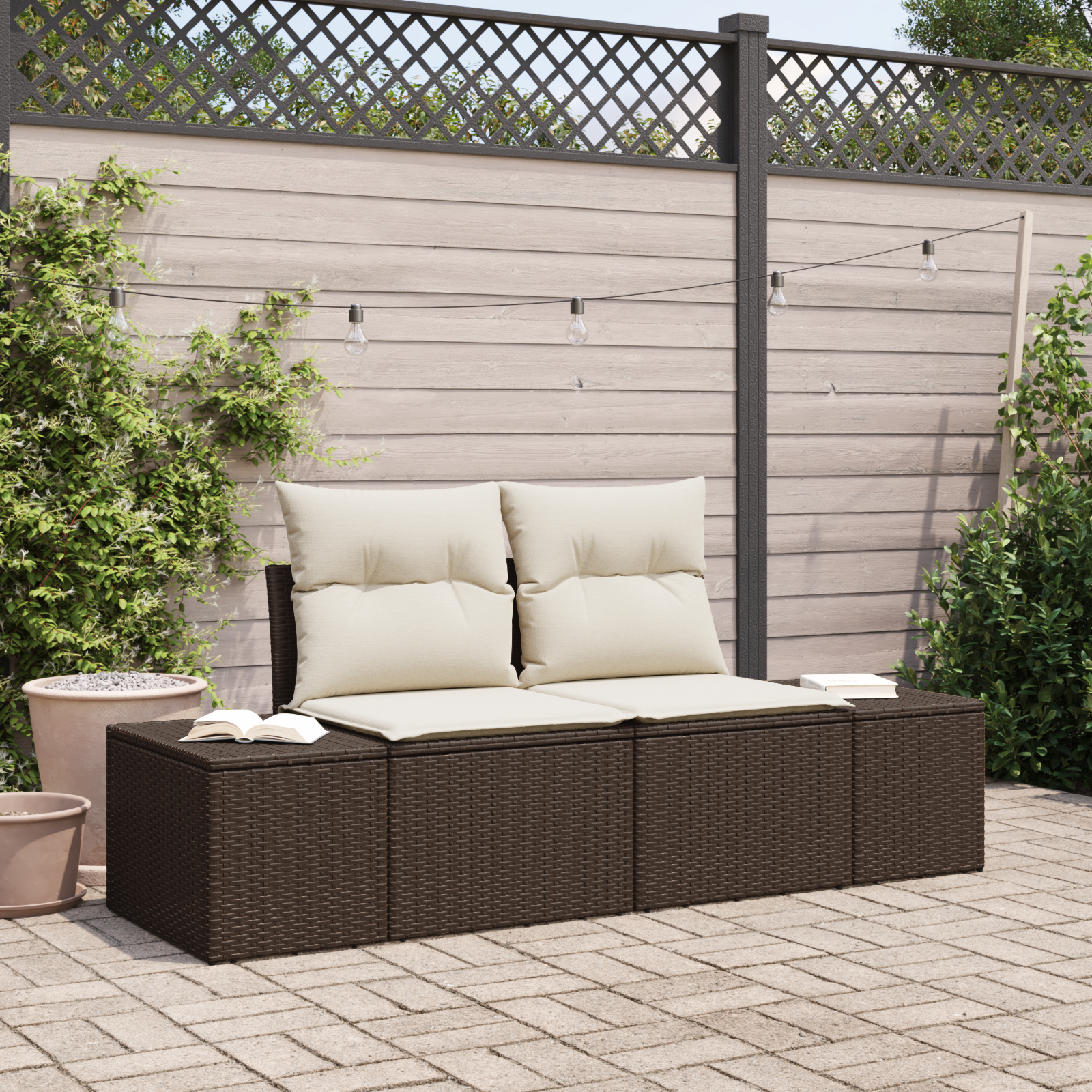 2-Seater Garden Sofa with Storage & Cushions Brown Poly Rattan