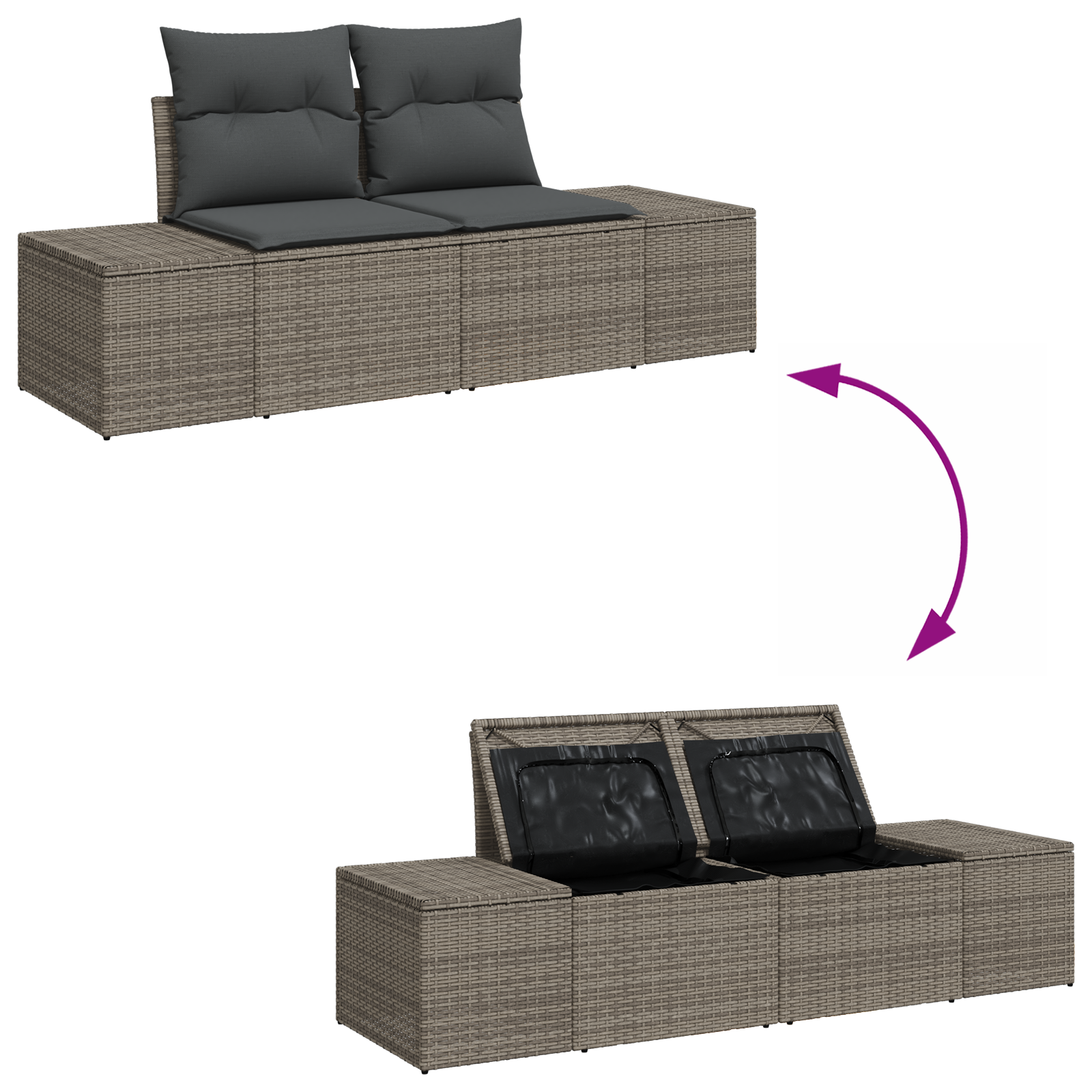 2-Seater Garden Sofa with Storage & Cushions Grey Poly Rattan - Image 7