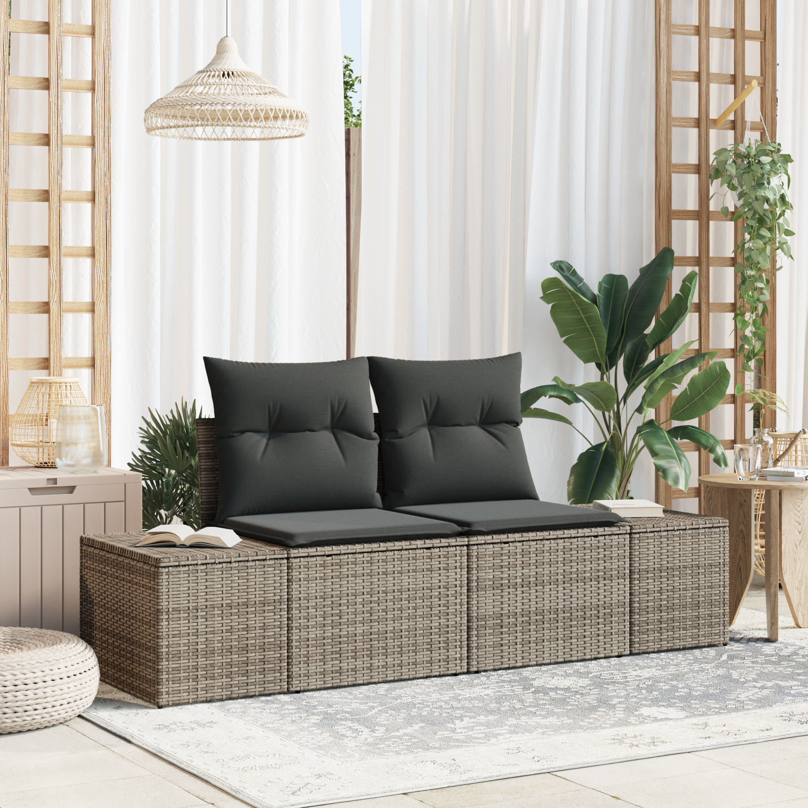 2-Seater Garden Sofa with Storage & Cushions Grey Poly Rattan