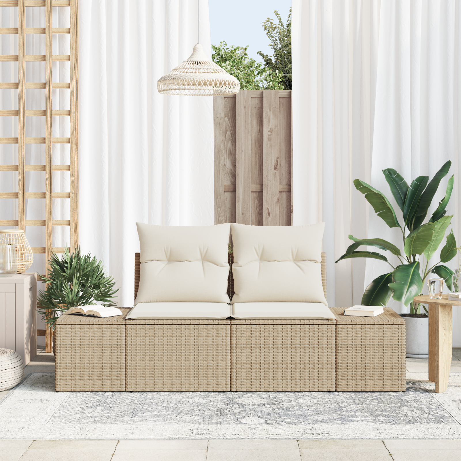 2-Seater Garden Sofa with Storage & Cushions Beige Poly Rattan