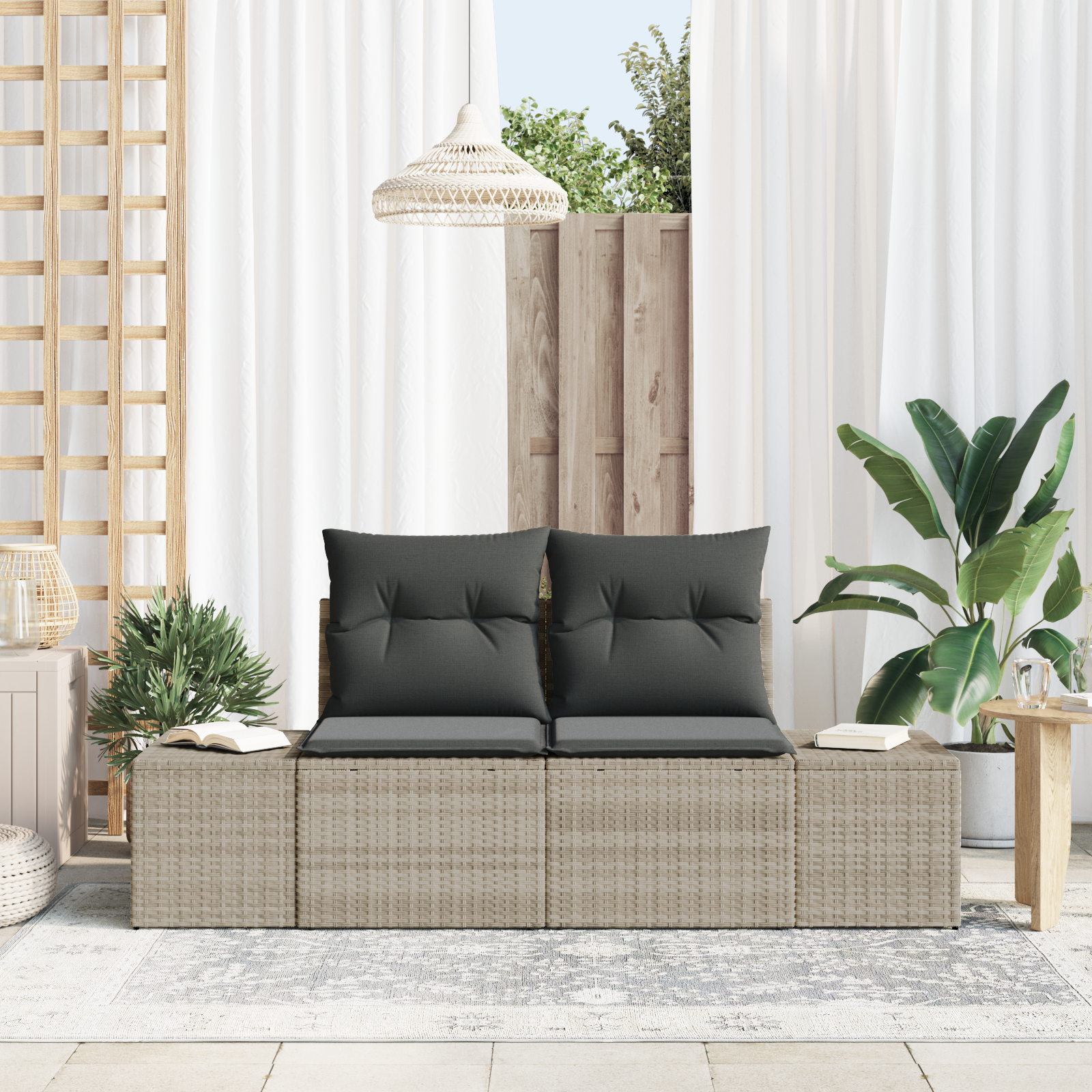 2-Seater Garden Sofa with Storage & Cushions Grey Poly Rattan
