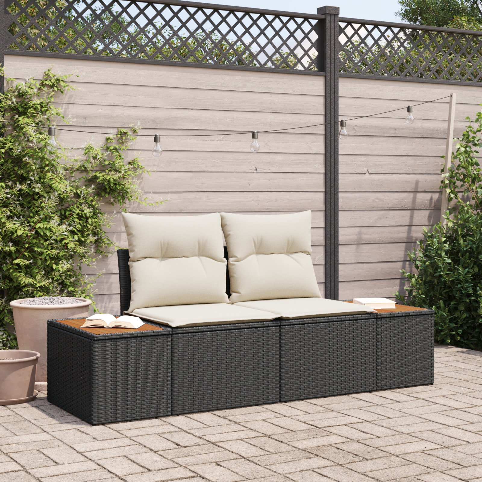 Sofá de Jardim de com Armazenamento & Almofadas Preto Polirattan Sofá de Jardim de com Armazenamento & Almofadas Preto Polirattan
