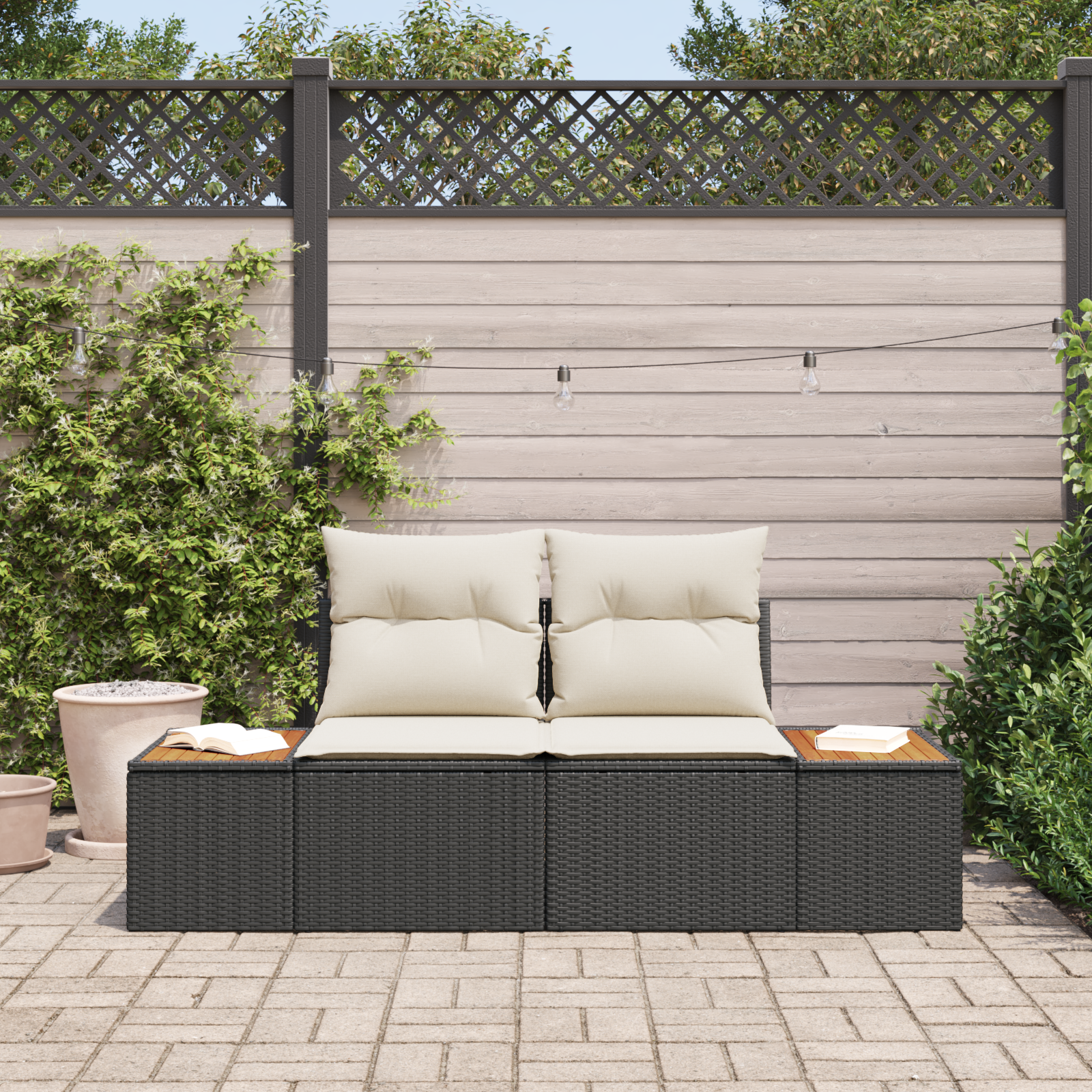 Sofá de Jardim de com Armazenamento & Almofadas Preto Polirattan