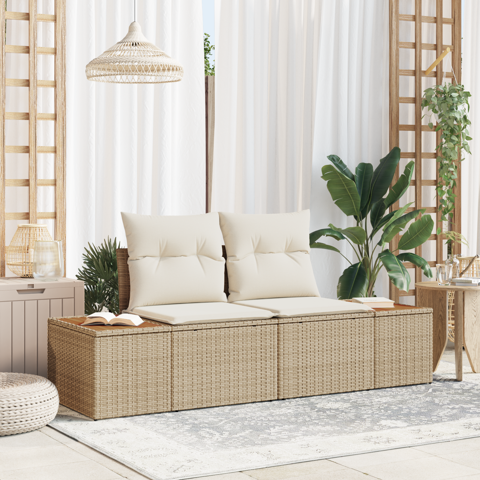 2-Seater Garden Sofa with Storage&Cushions Beige Poly Rattan