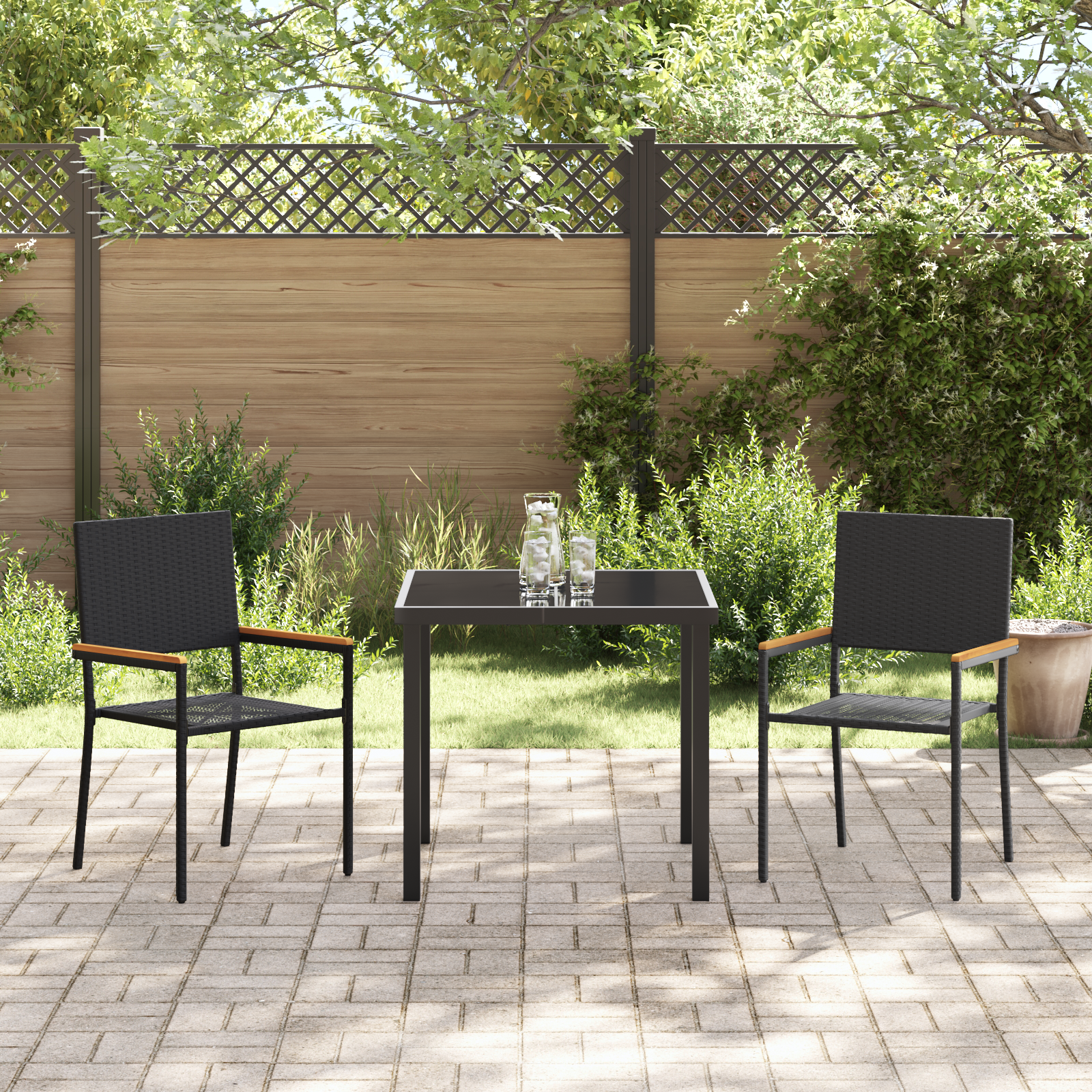 Stacking Garden Chairs with Cushions - 2 Piece Set in Black Poly Rattan - Image 3