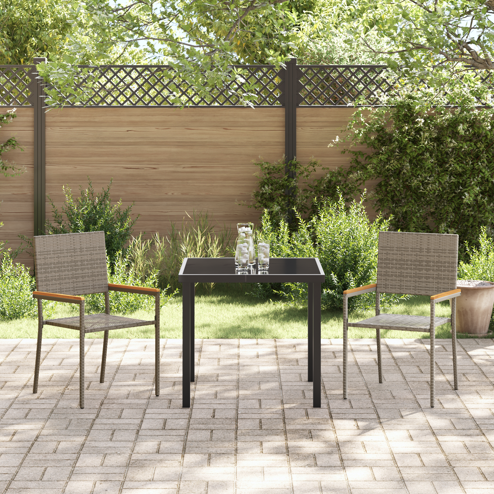 Stacking Garden Chairs with Cushions 2 pcs Grey Poly Rattan - Image 3