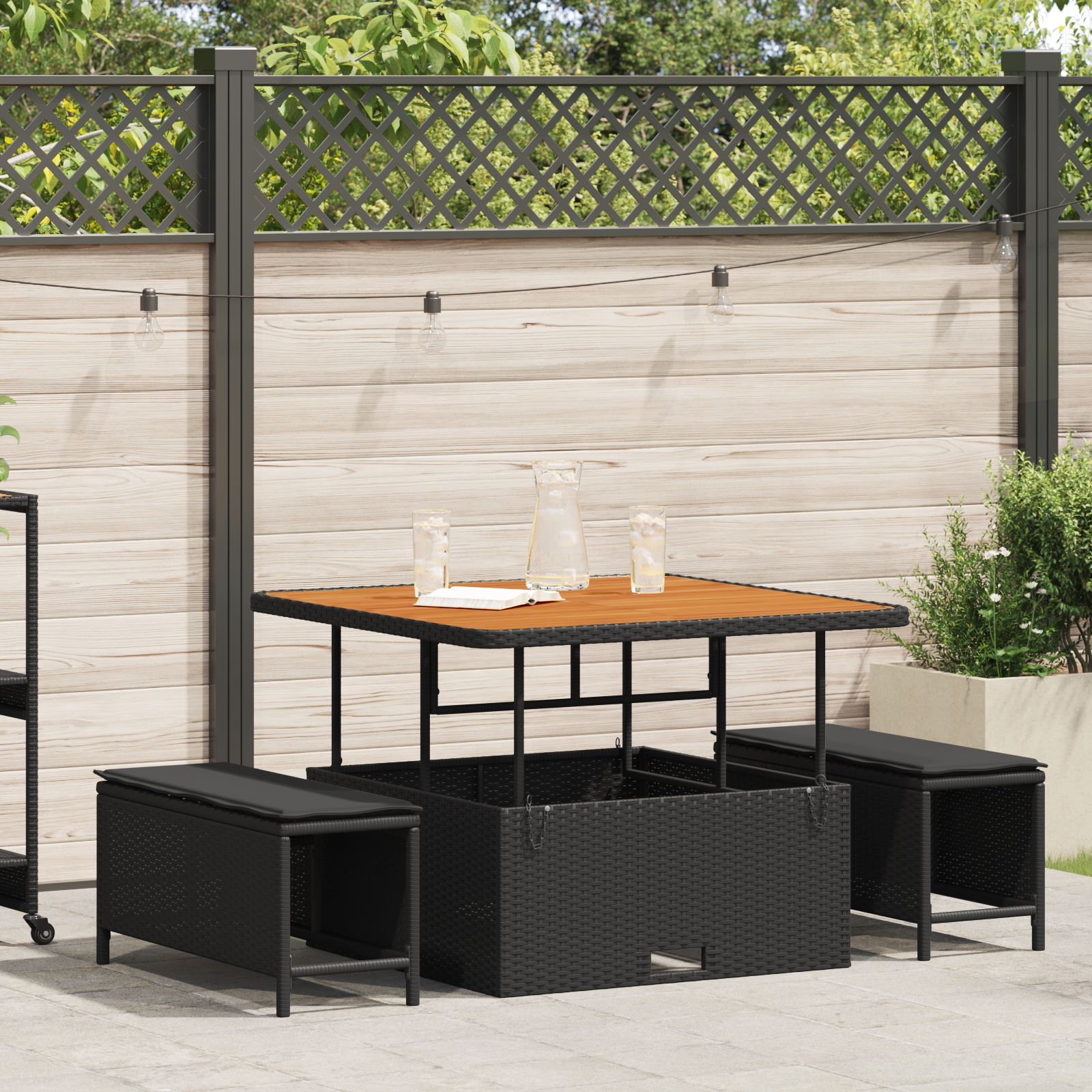 3 Piece Garden Dining Set with Cushions Black Poly Rattan Acacia