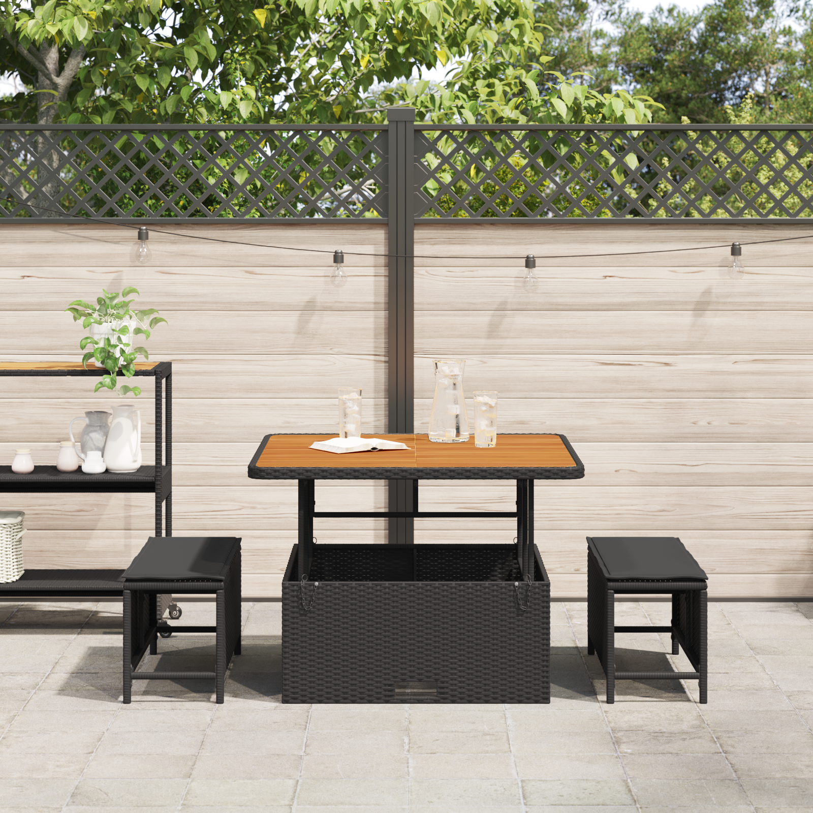 3 Piece Garden Dining Set with Cushions Black Poly Rattan Acacia - Image 4