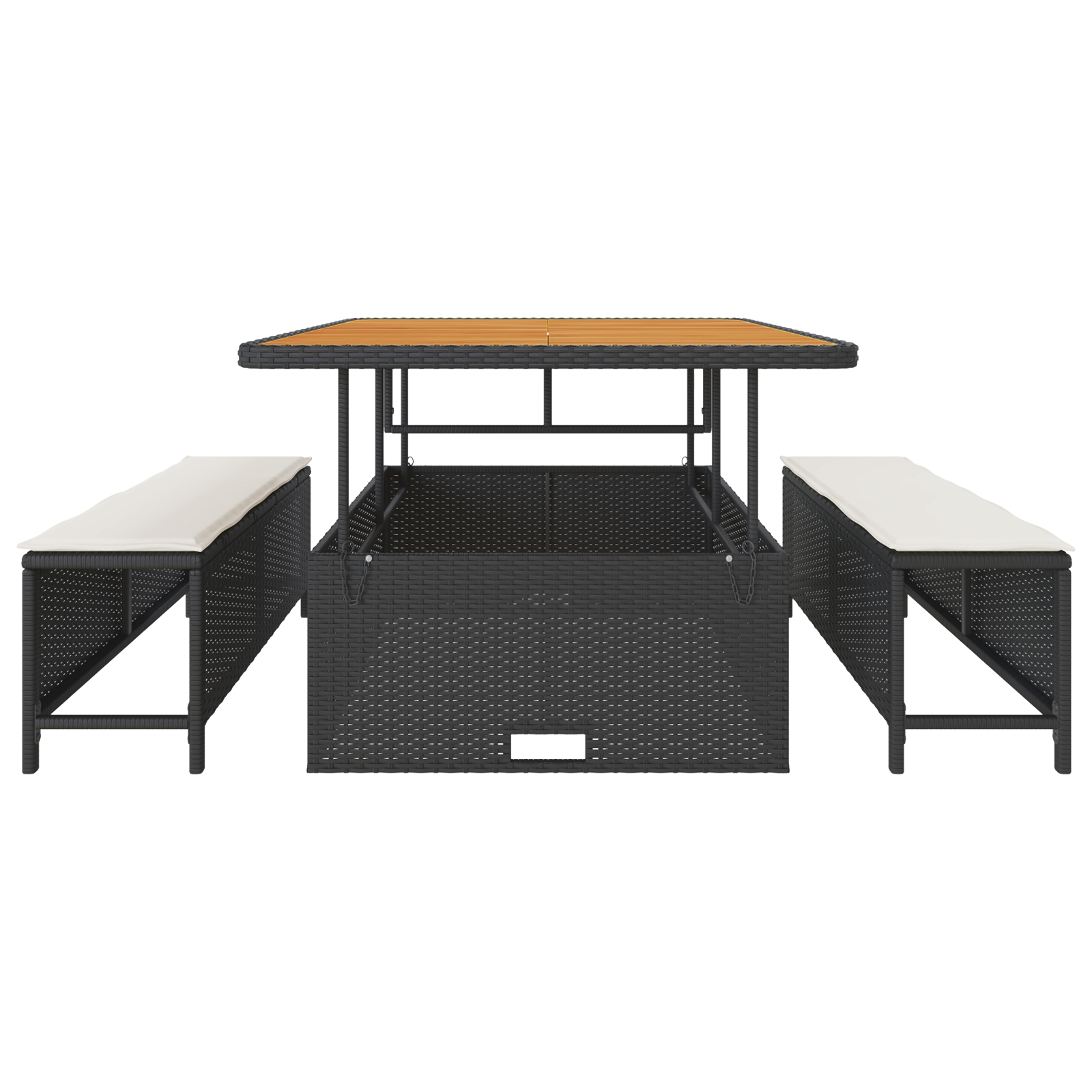 3 Piece Garden Dining Set with Cushions Black Poly Rattan Acacia - Image 7