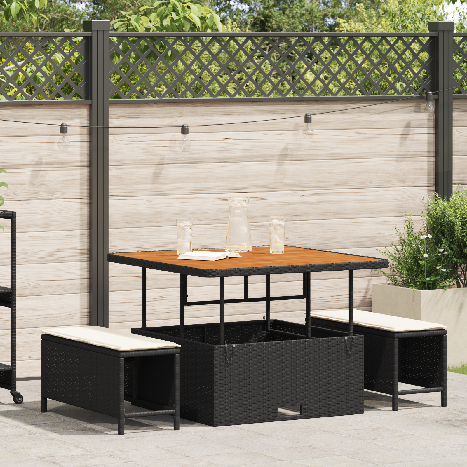3 Piece Garden Dining Set with Cushions Black Poly Rattan Acacia