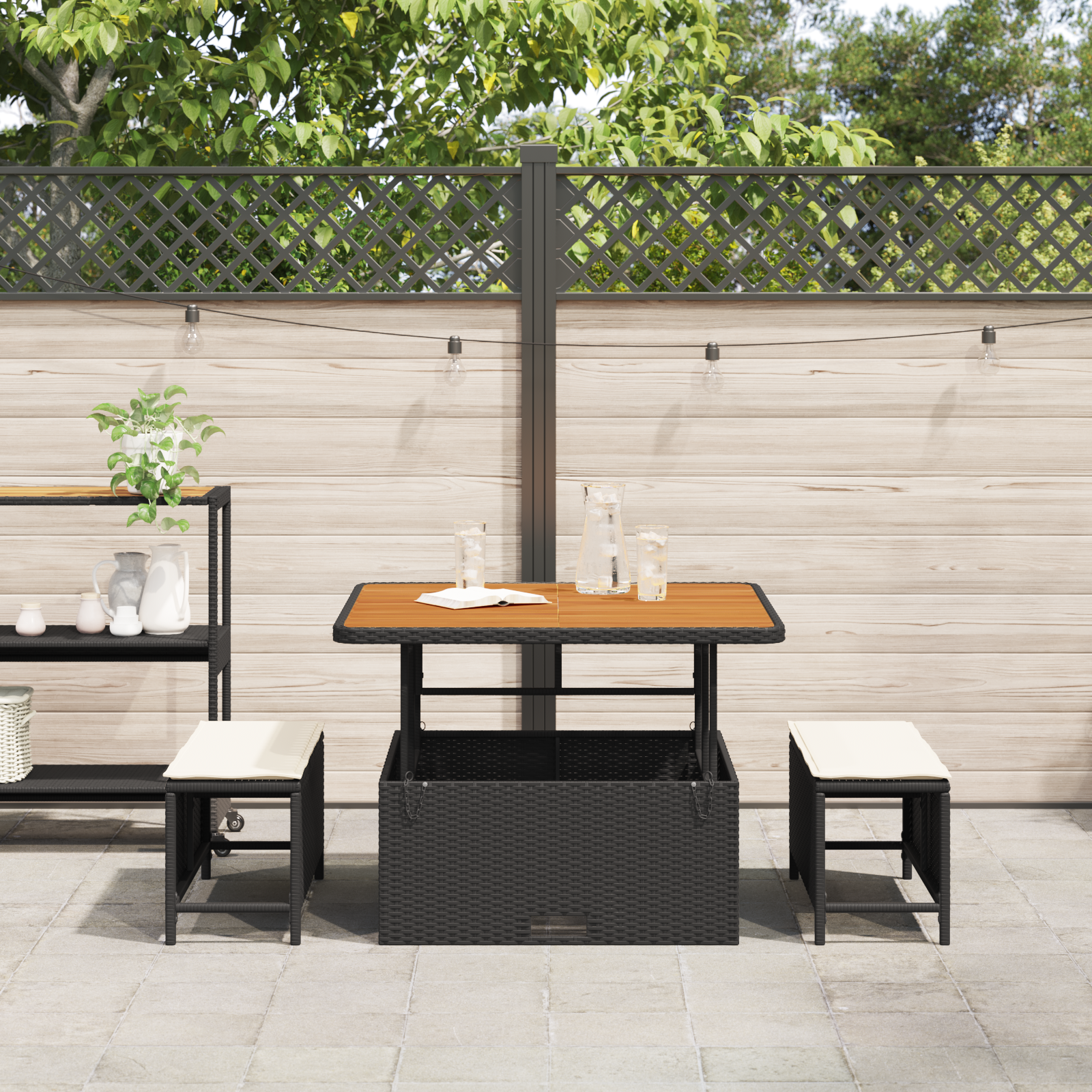 3 Piece Garden Dining Set with Cushions Black Poly Rattan Acacia - Image 4