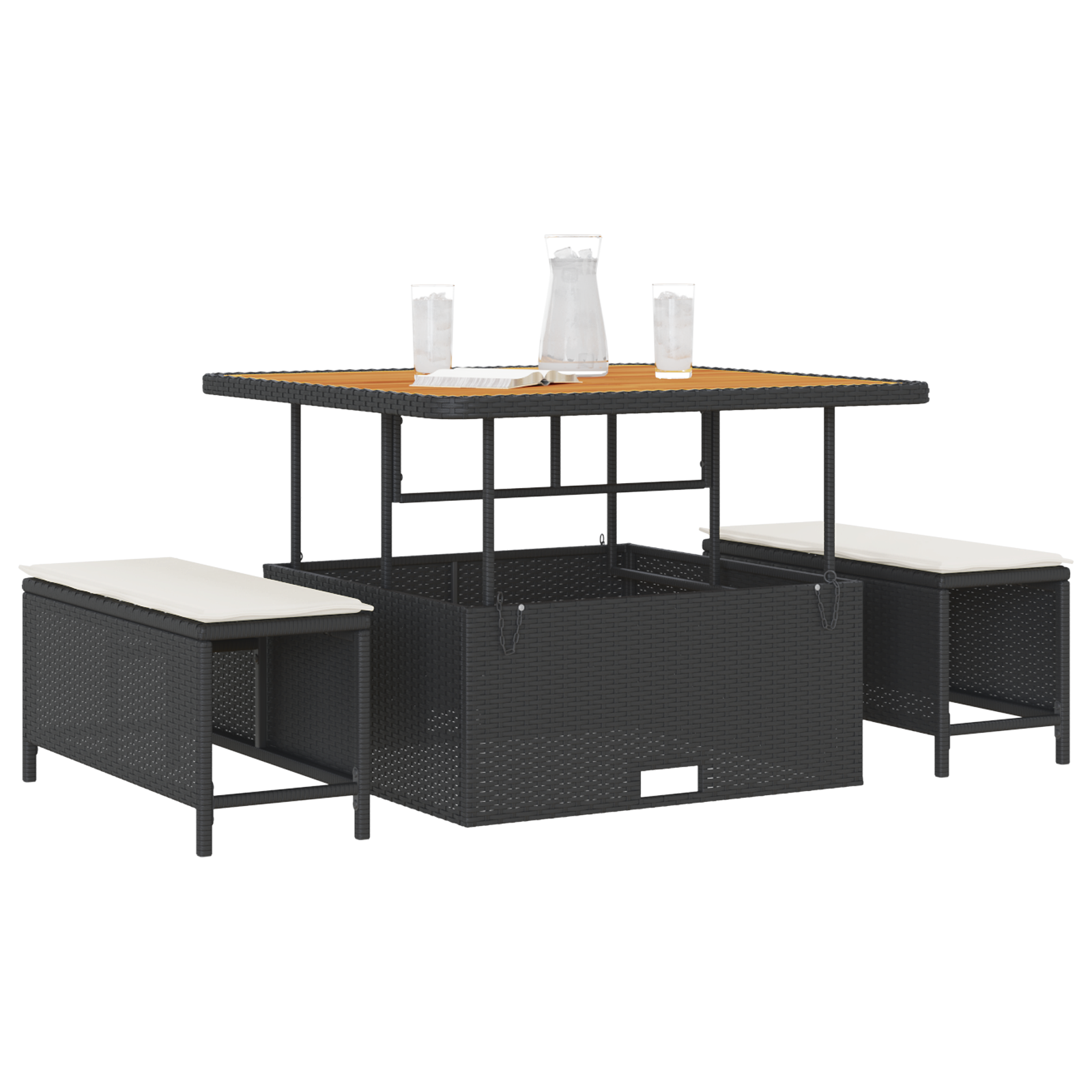 3 Piece Garden Dining Set with Cushions Black Poly Rattan Acacia - Image 3