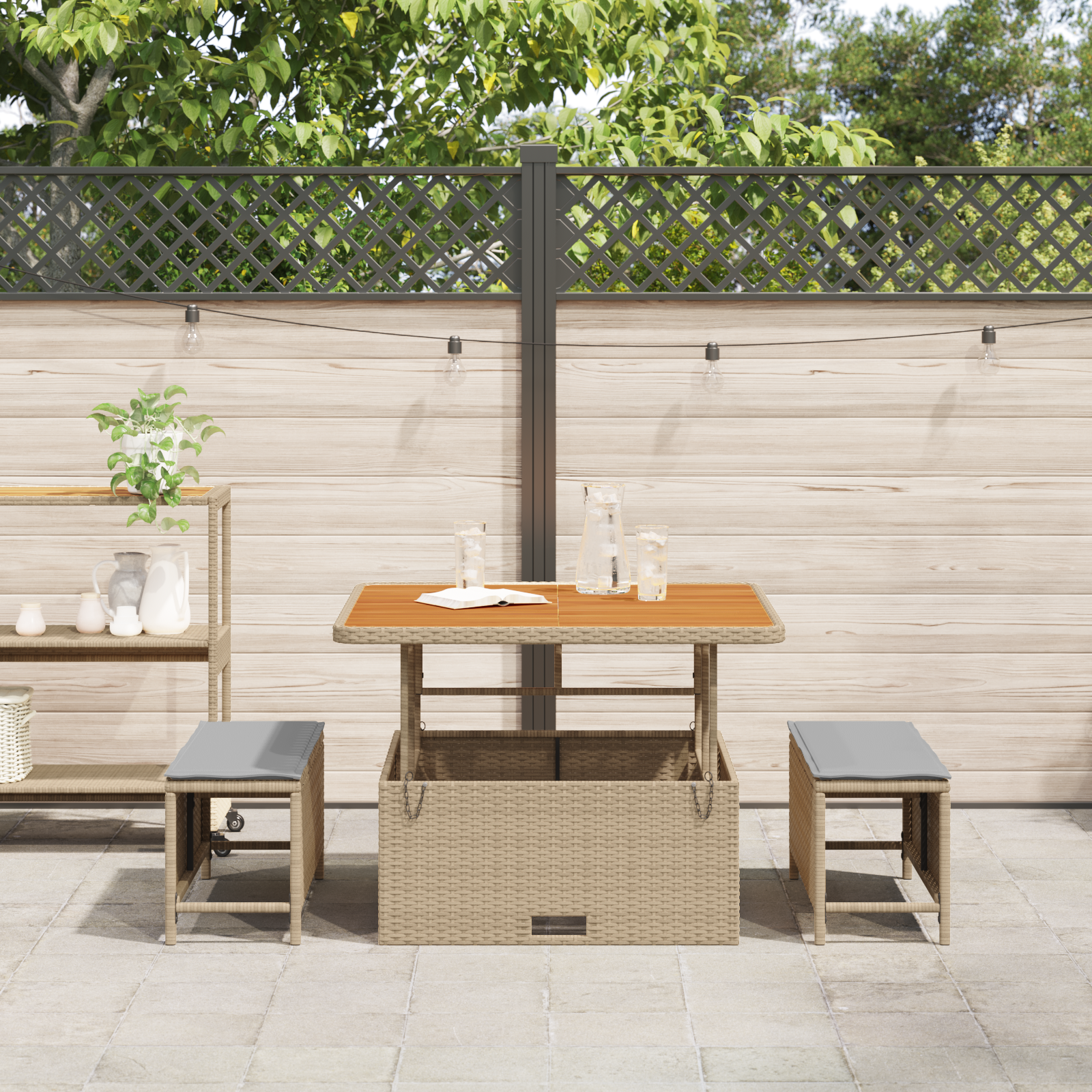 3 Piece Garden Dining Set with Cushions Beige Poly Rattan Acacia - Image 4