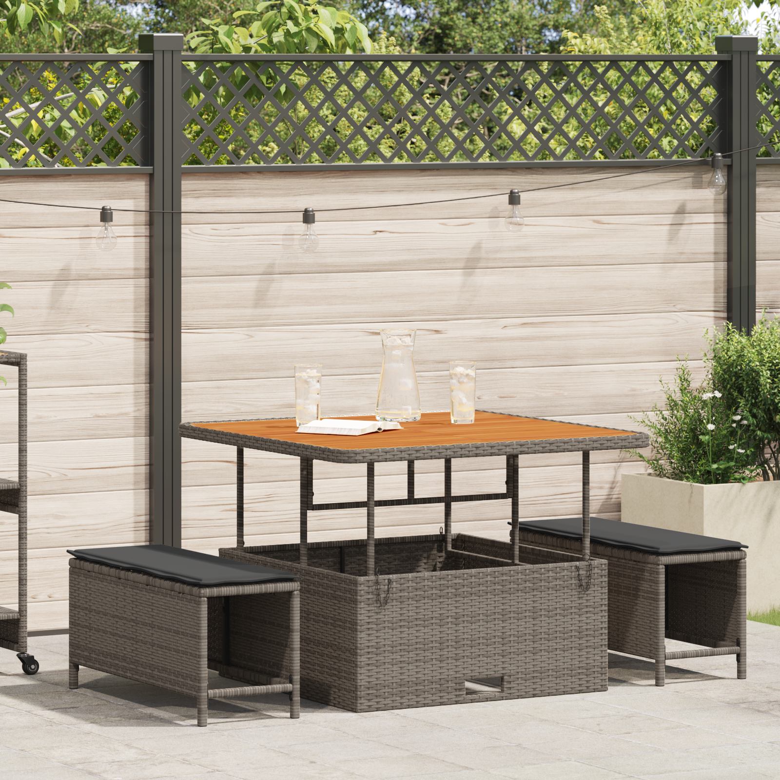 3 Piece Garden Dining Set with Cushions Grey Poly Rattan Acacia