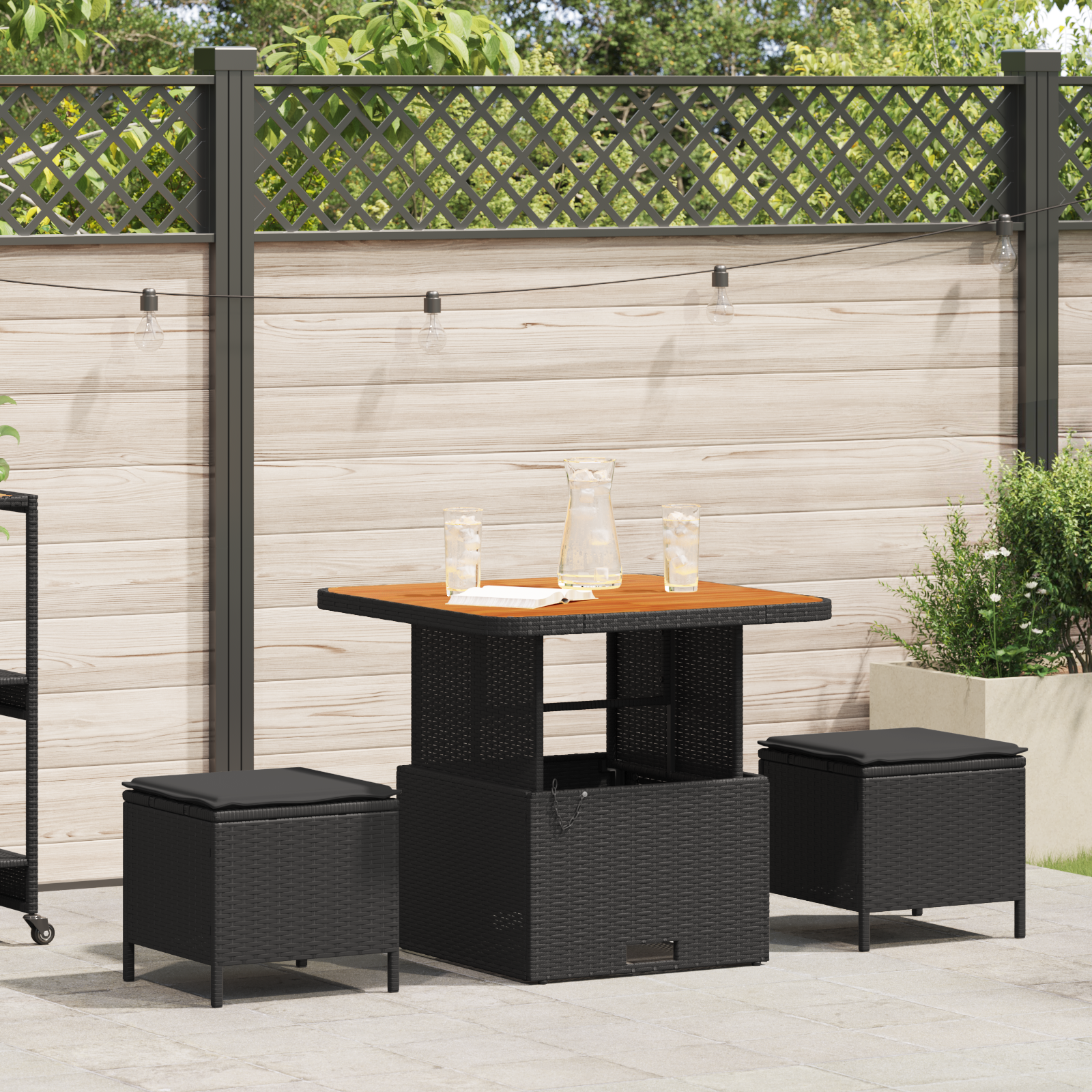 3 Piece Garden Dining Set with Cushions Black Poly Rattan Acacia