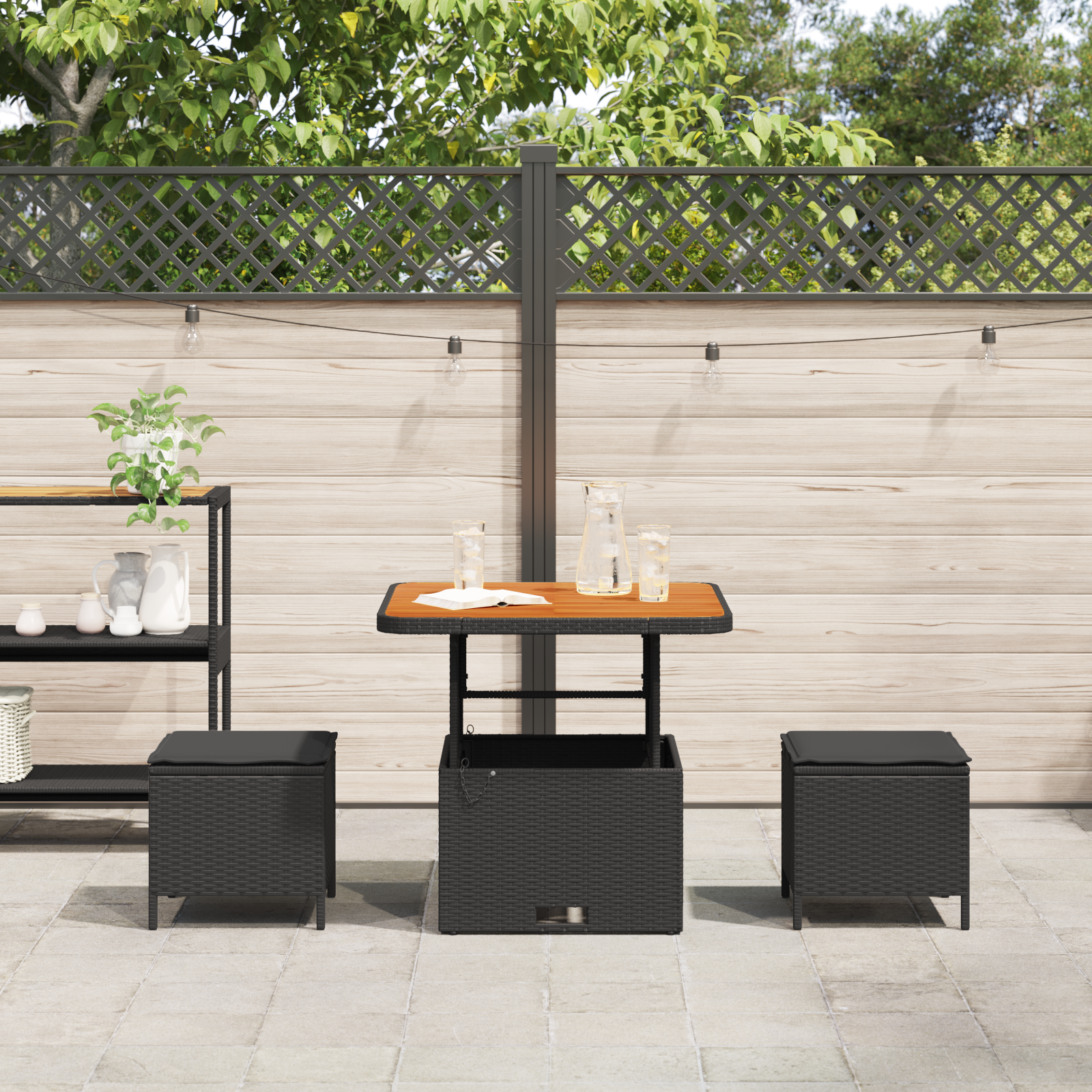 3 Piece Garden Dining Set with Cushions Black Poly Rattan Acacia - Image 4