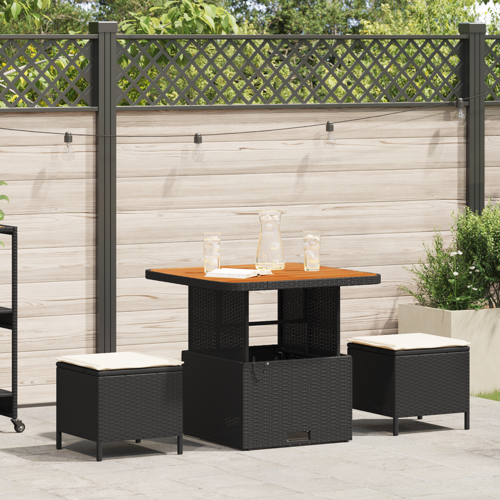 3 Piece Garden Dining Set with Cushions Black Poly Rattan Acacia