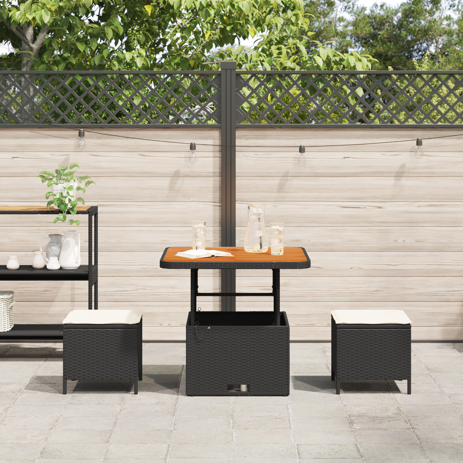 3 Piece Garden Dining Set with Cushions Black Poly Rattan Acacia - Image 4