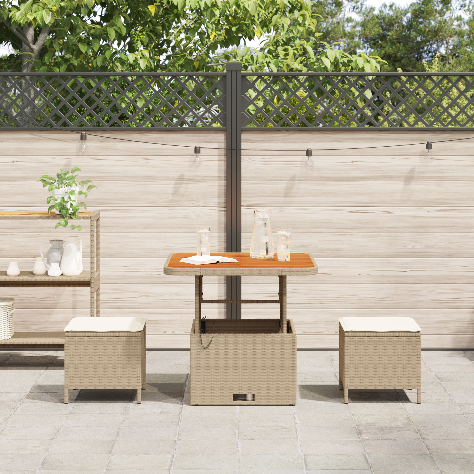 3 Piece Garden Dining Set with Cushions Beige Poly Rattan Acacia - Image 4