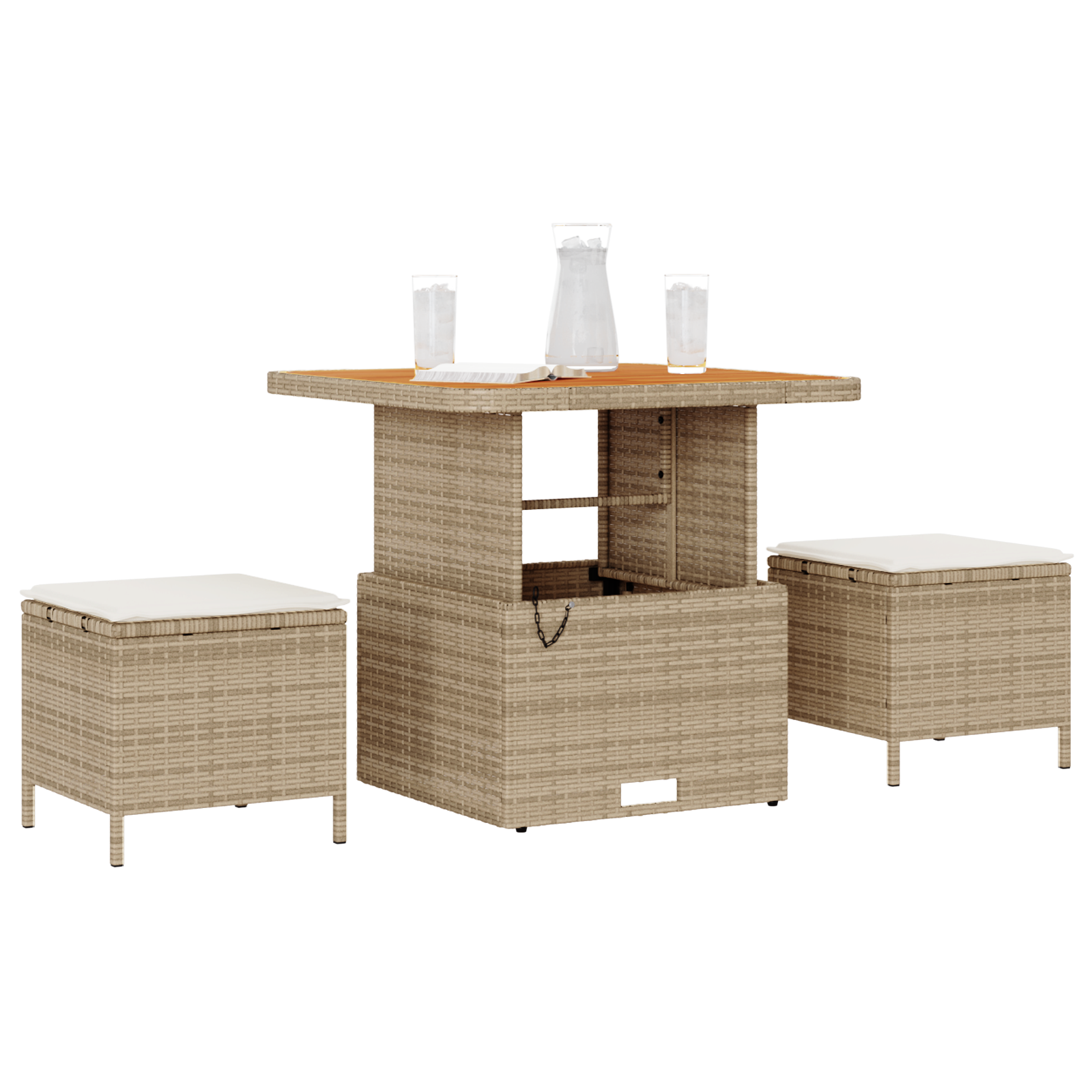 3 Piece Garden Dining Set with Cushions Beige Poly Rattan Acacia - Image 3
