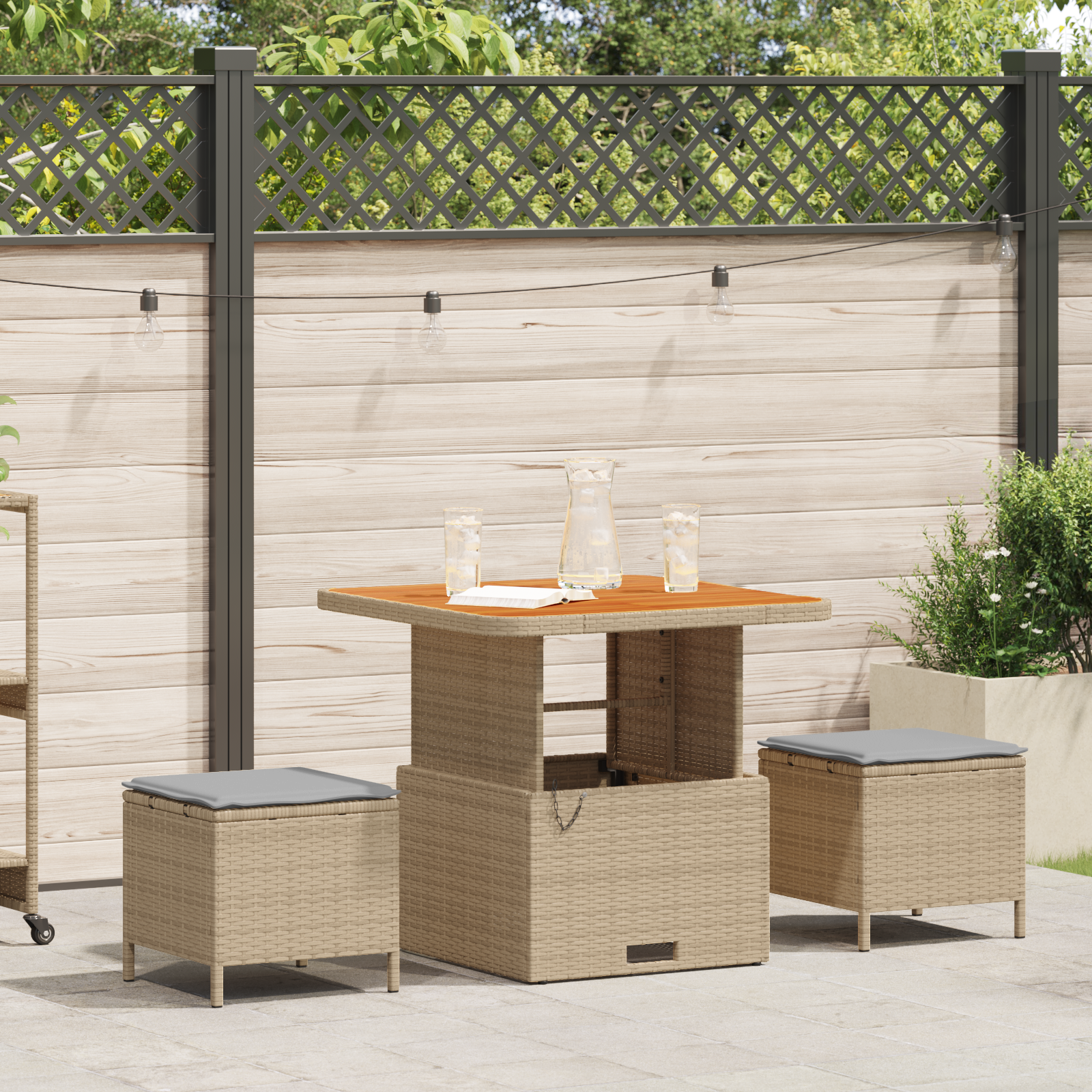 3 Piece Garden Dining Set with Cushions Beige Poly Rattan Acacia