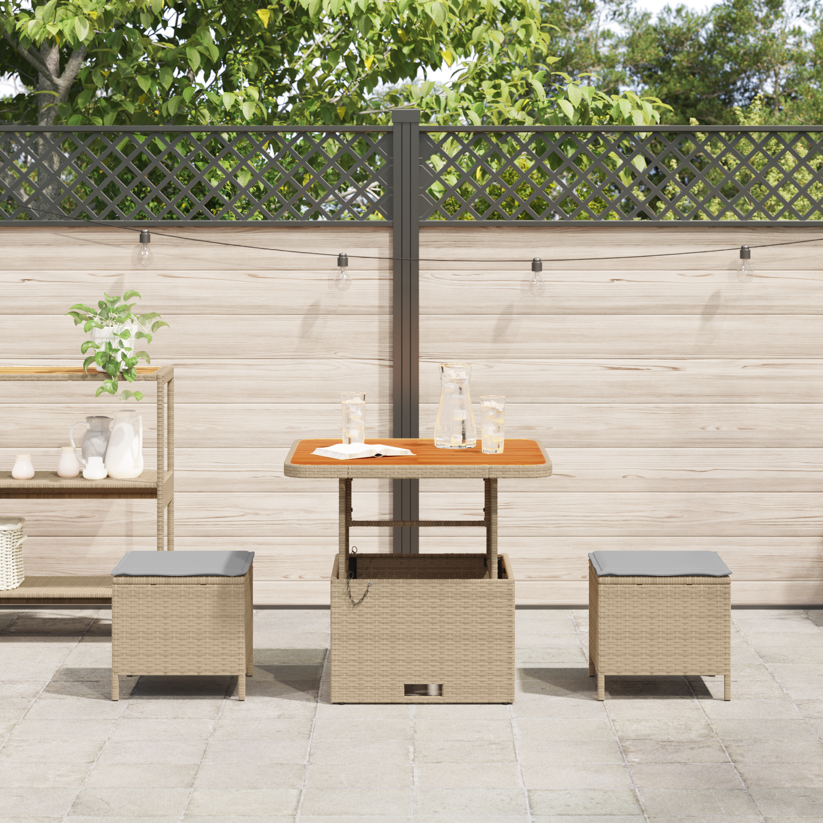 3 Piece Garden Dining Set with Cushions Beige Poly Rattan Acacia - Image 4