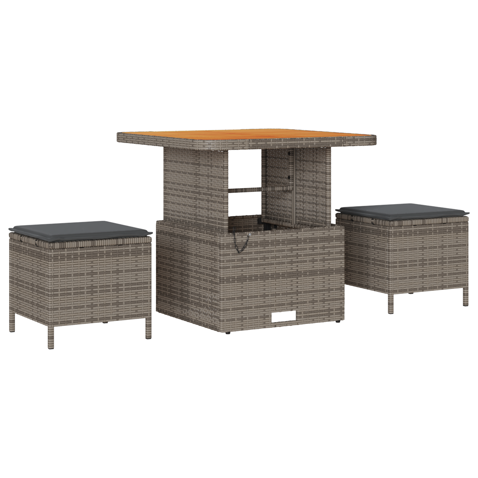 3 Piece Garden Dining Set with Cushions Grey Poly Rattan Acacia - Image 2