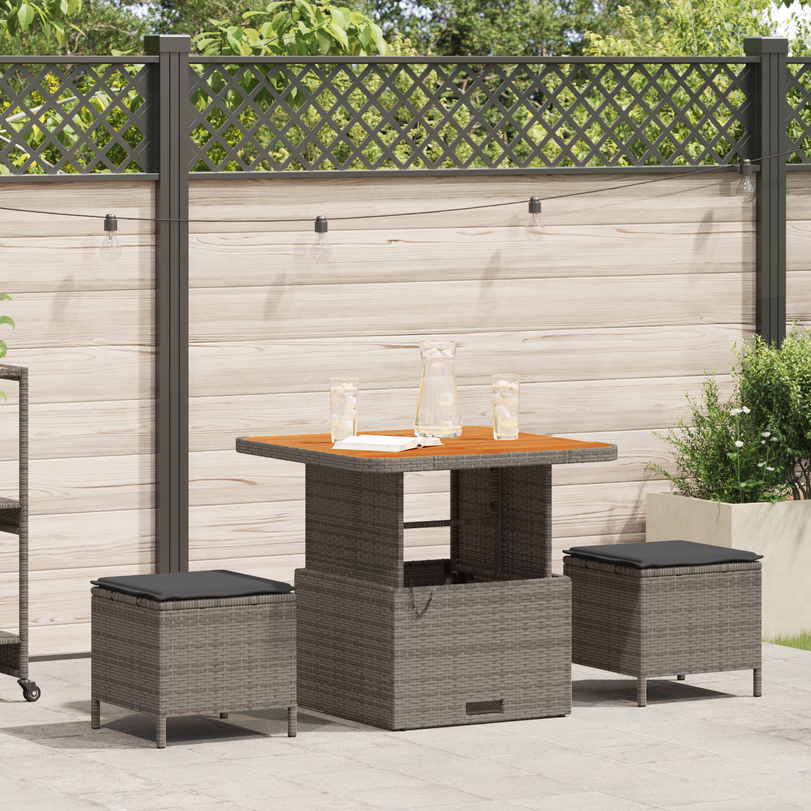 3 Piece Garden Dining Set with Cushions Grey Poly Rattan Acacia