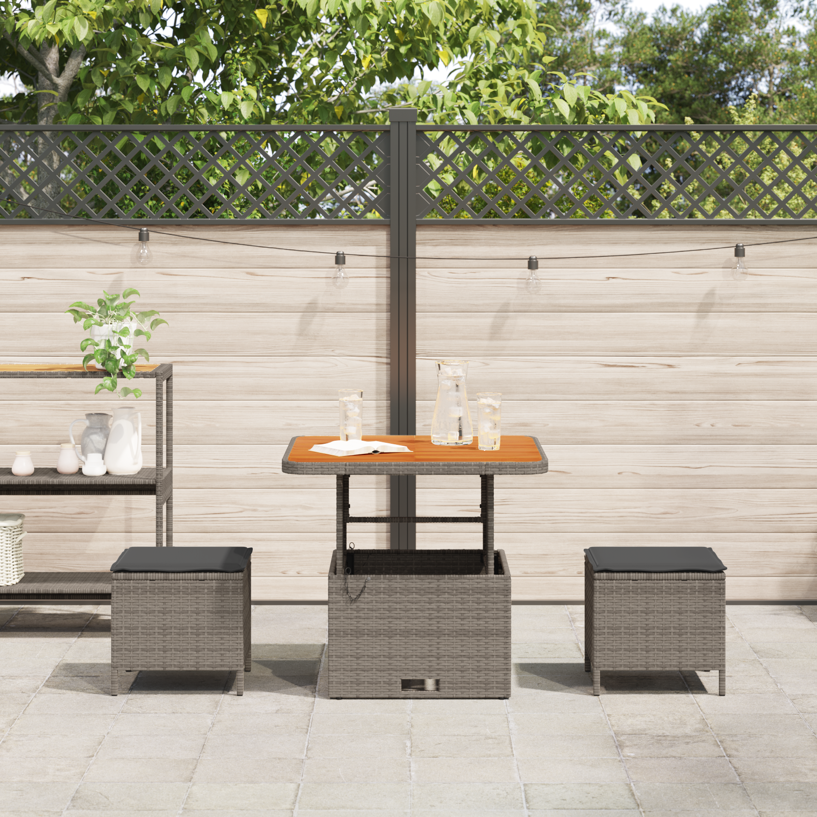 3 Piece Garden Dining Set with Cushions Grey Poly Rattan Acacia - Image 4