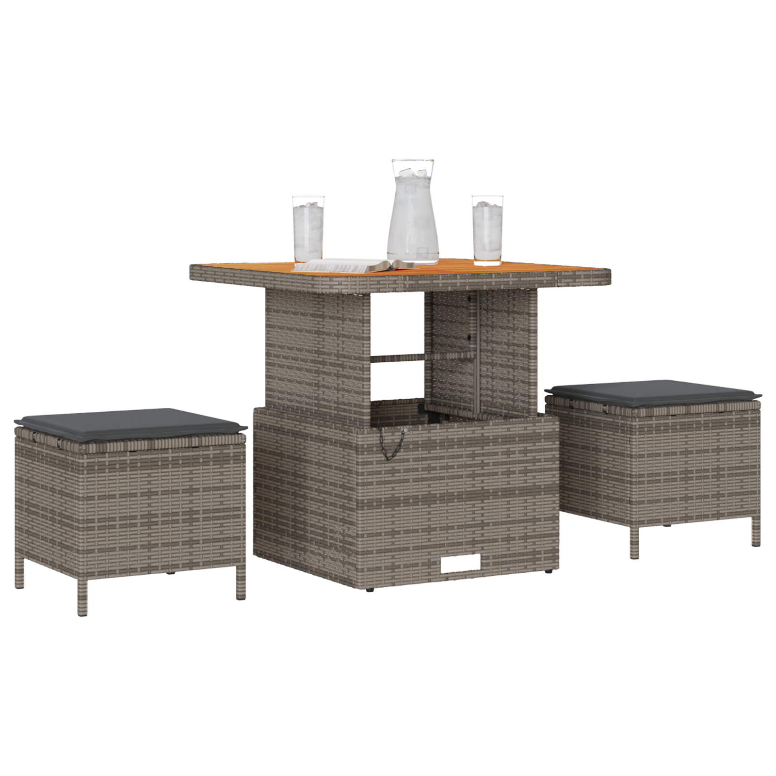 3 Piece Garden Dining Set with Cushions Grey Poly Rattan Acacia - Image 3