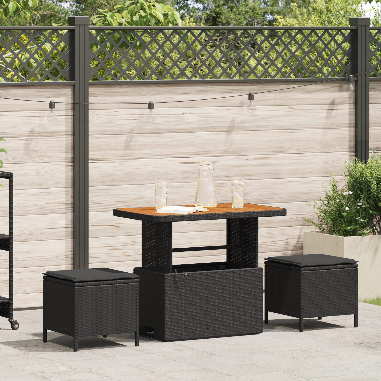 3 Piece Garden Dining Set with Cushions Black Poly Rattan Acacia