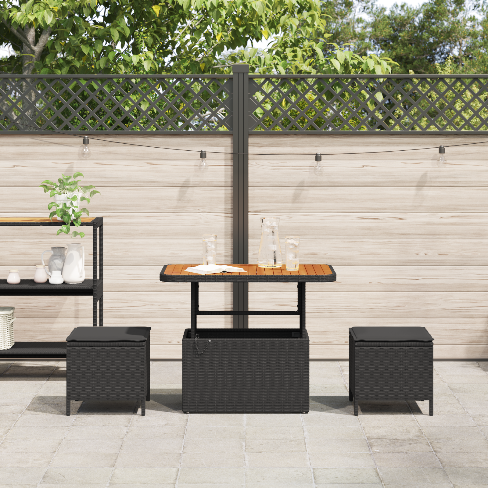 3 Piece Garden Dining Set with Cushions Black Poly Rattan Acacia - Image 4