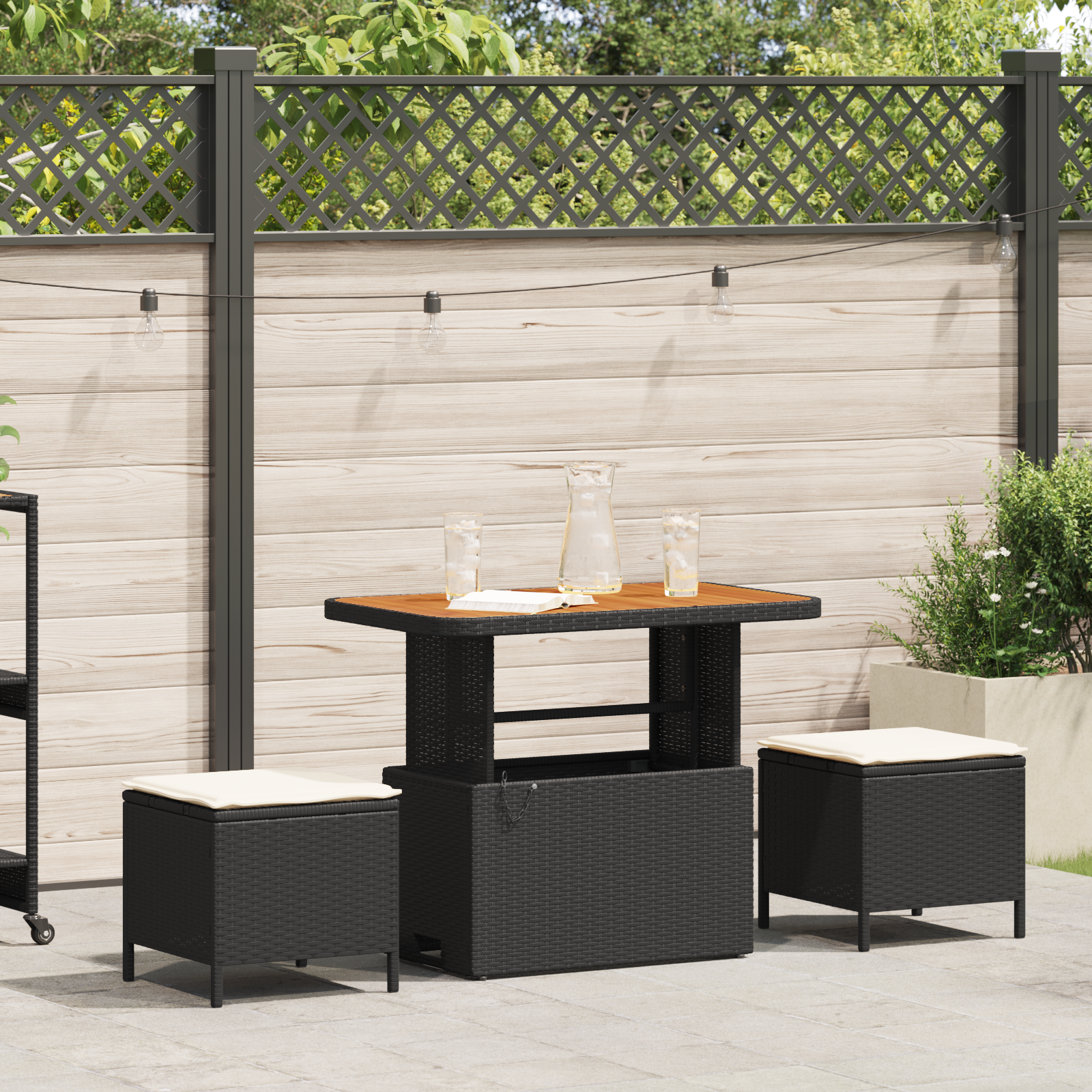 3 Piece Garden Dining Set with Cushions Black Poly Rattan Acacia