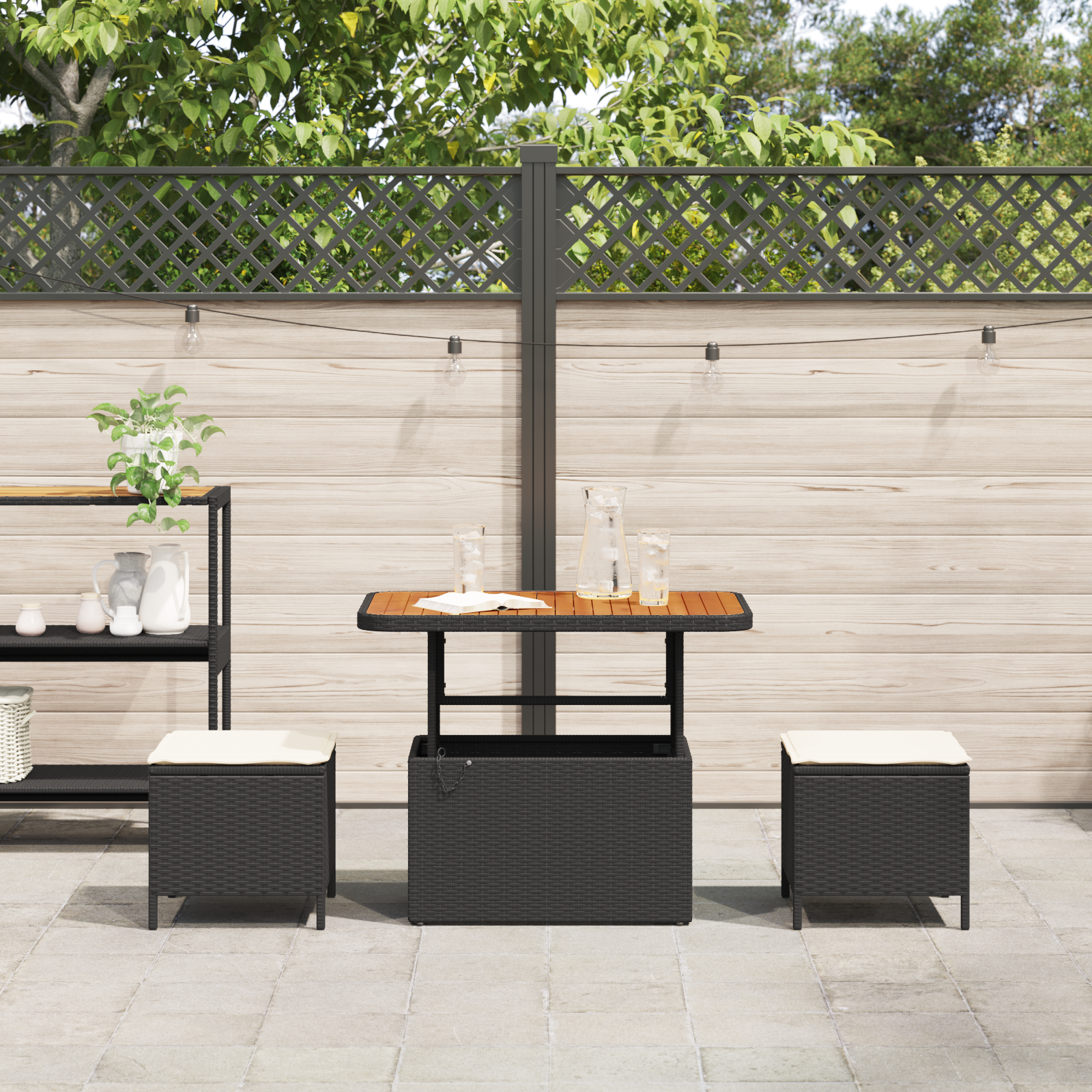 3 Piece Garden Dining Set with Cushions Black Poly Rattan Acacia - Image 4