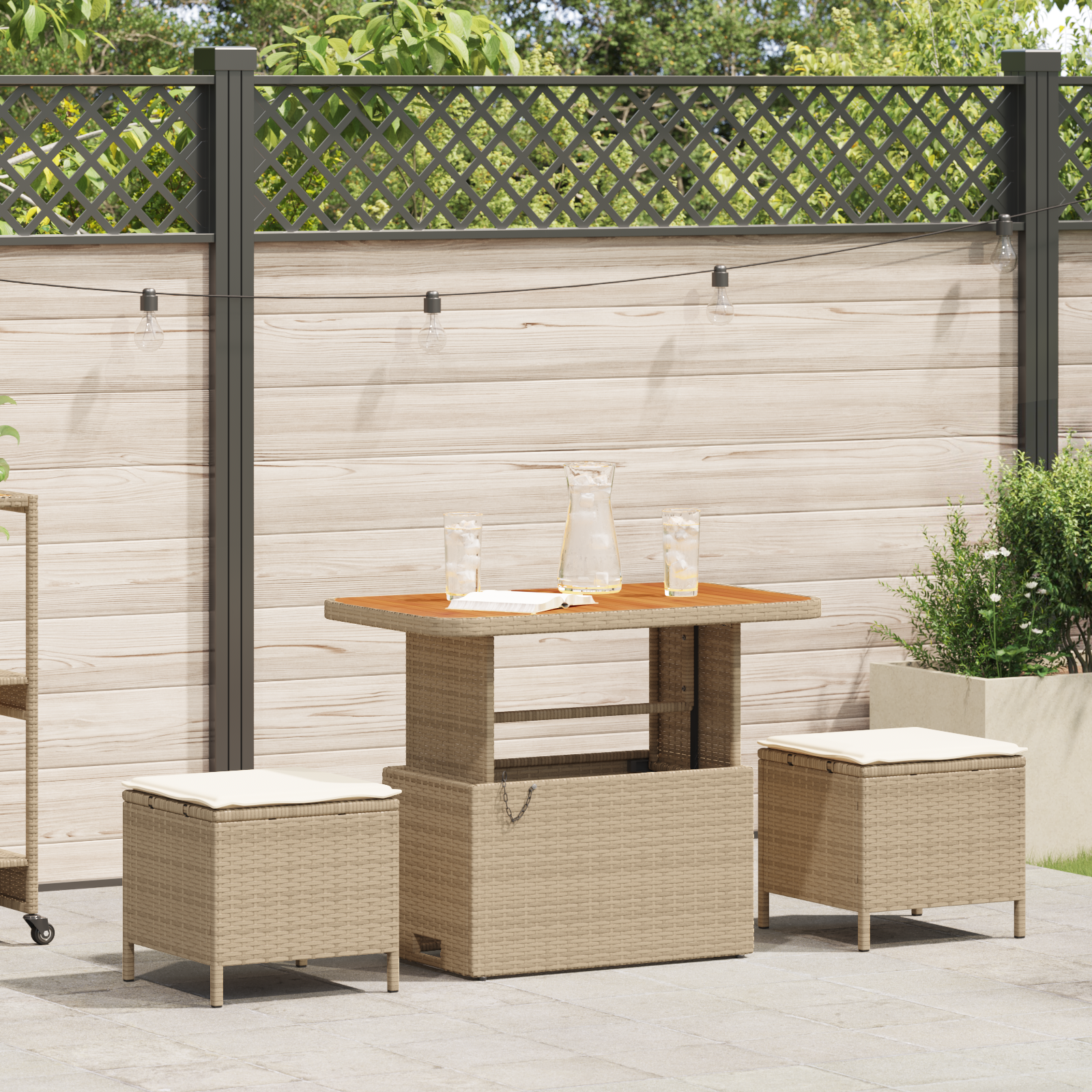 3 Piece Garden Dining Set with Cushions Beige Poly Rattan Acacia