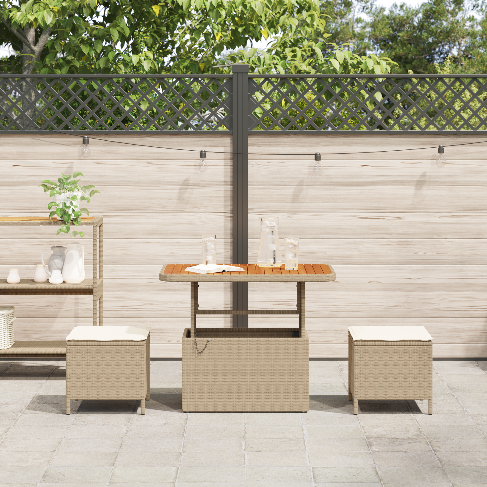 3 Piece Garden Dining Set with Cushions Beige Poly Rattan Acacia - Image 4
