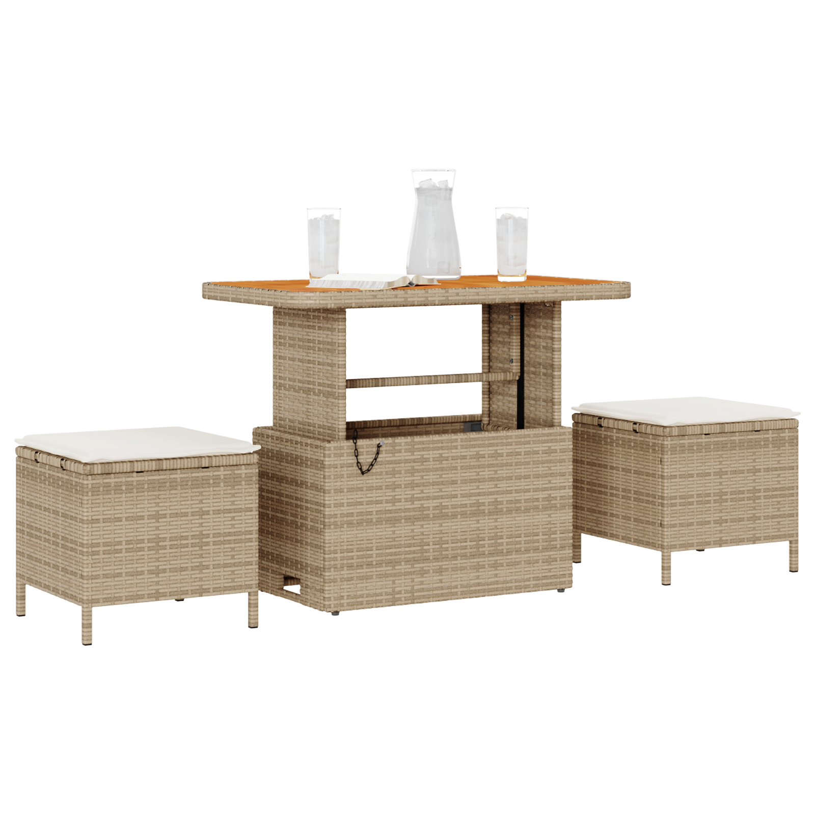 3 Piece Garden Dining Set with Cushions Beige Poly Rattan Acacia - Image 3